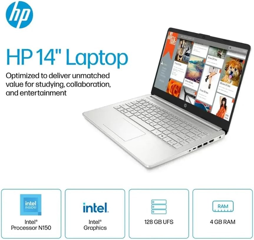 HP 14″ Student Laptop computer Intel N150 Win11Pro Up To 16GB RAM 128GB Silver