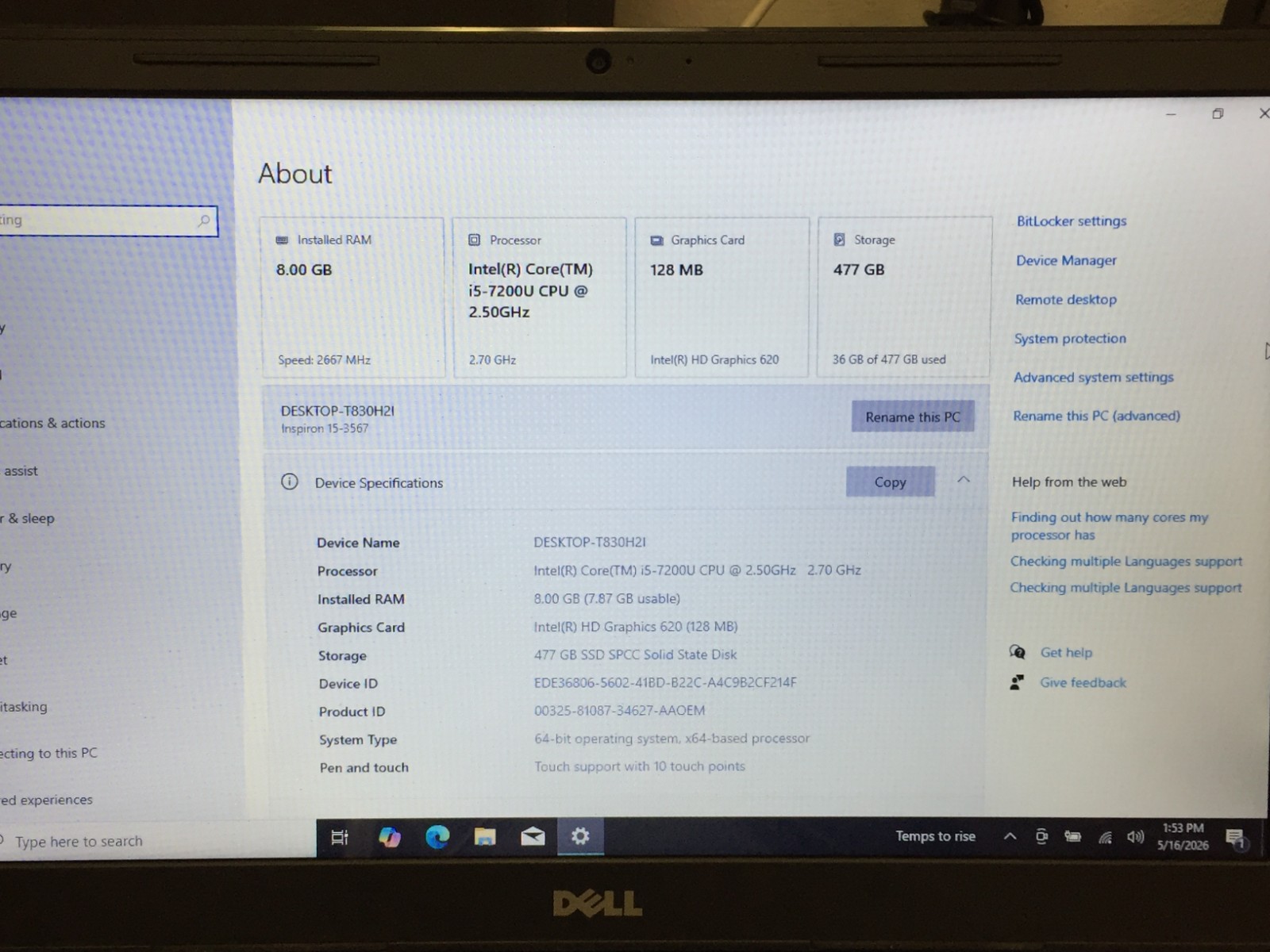 Dell Inspiron 15 3567 15.6″ Touch i5-7200U 2.50GHz 8GB RAM 512GB SSD No AC Read