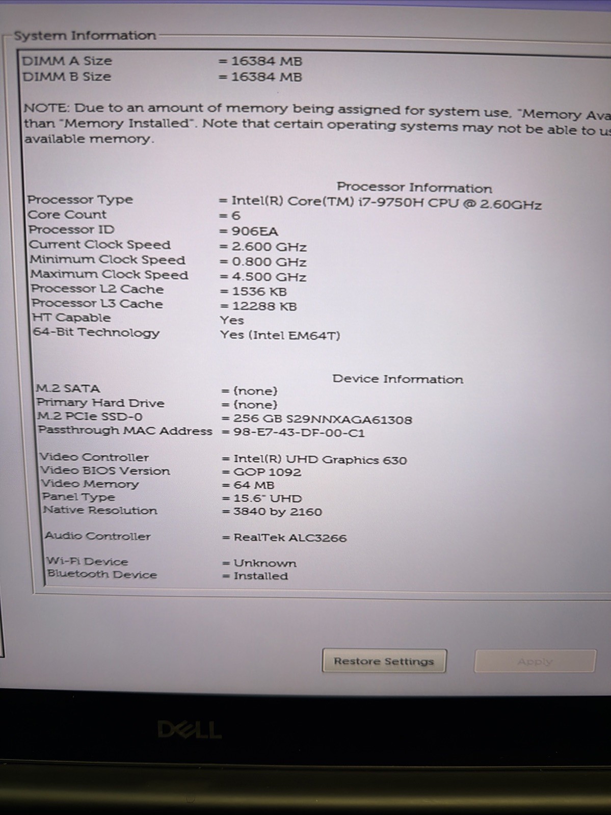 Dell XPS 15 7590 4K i7-9750H 2.60GHz 16GB 512GB SSD GTX 1650 Very Good