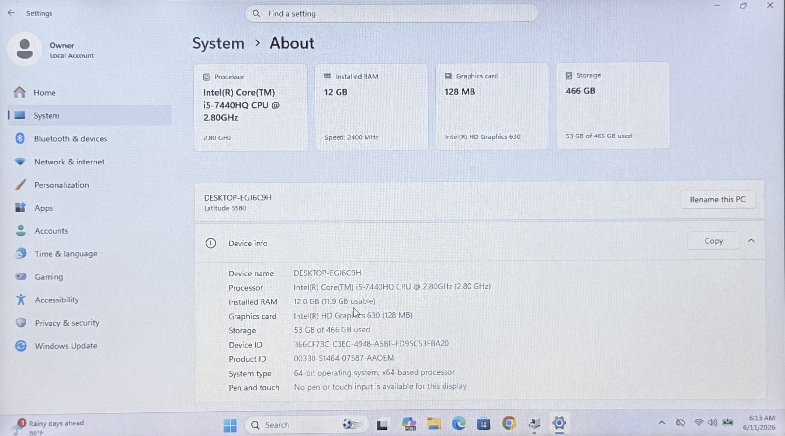 Dell Latitude 5580 15.6″ HD i5 7440HQ 2.80 GHz 12Gb Ram 500 GB HDD Win11 Pro