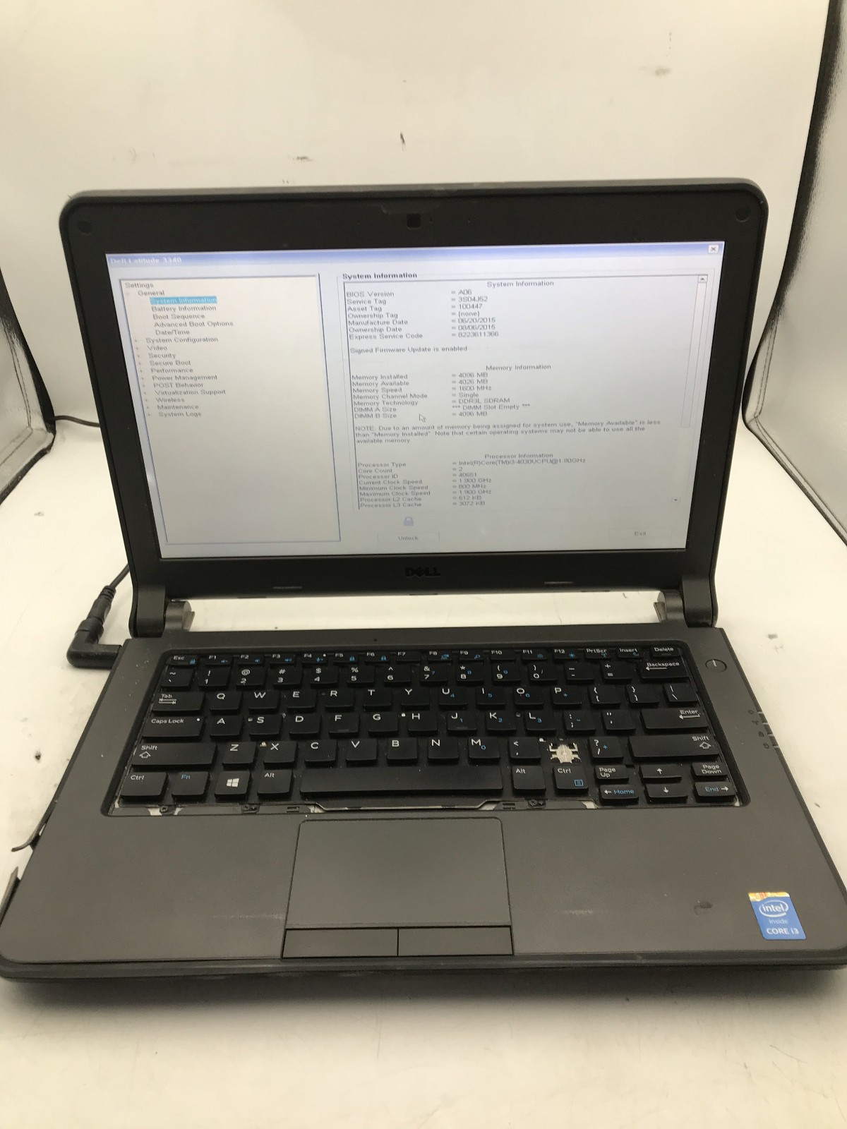 DELL LATITUDE 3340 – BOOTS TO BIOS/LOCKED – INTEL I3 4030U – NO RAM – READ – BB!