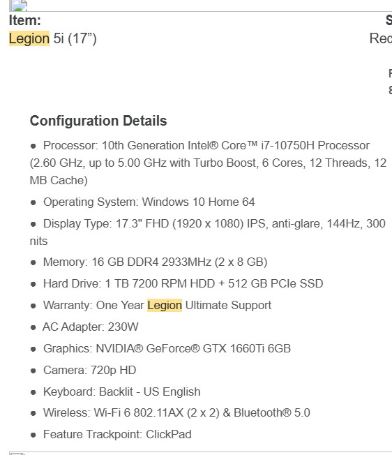 Lenovo Legion 5i 17.3″ laptop, intel i7 10th gen, NVIDIA 1660ti, 1 TB HD