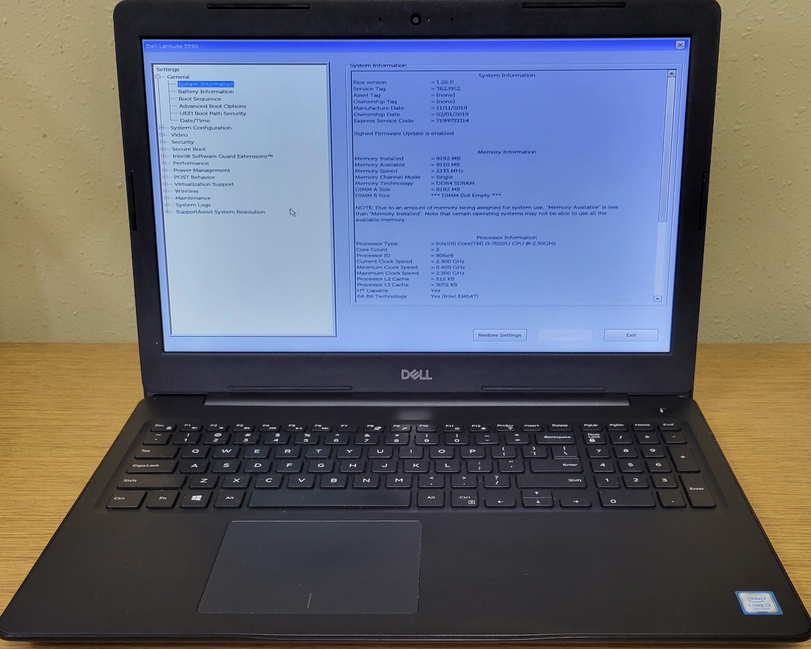 Dell Latitude 3590 i3-7020U 2.30GHz 8GB DDR4 No OS/HDD/SSD