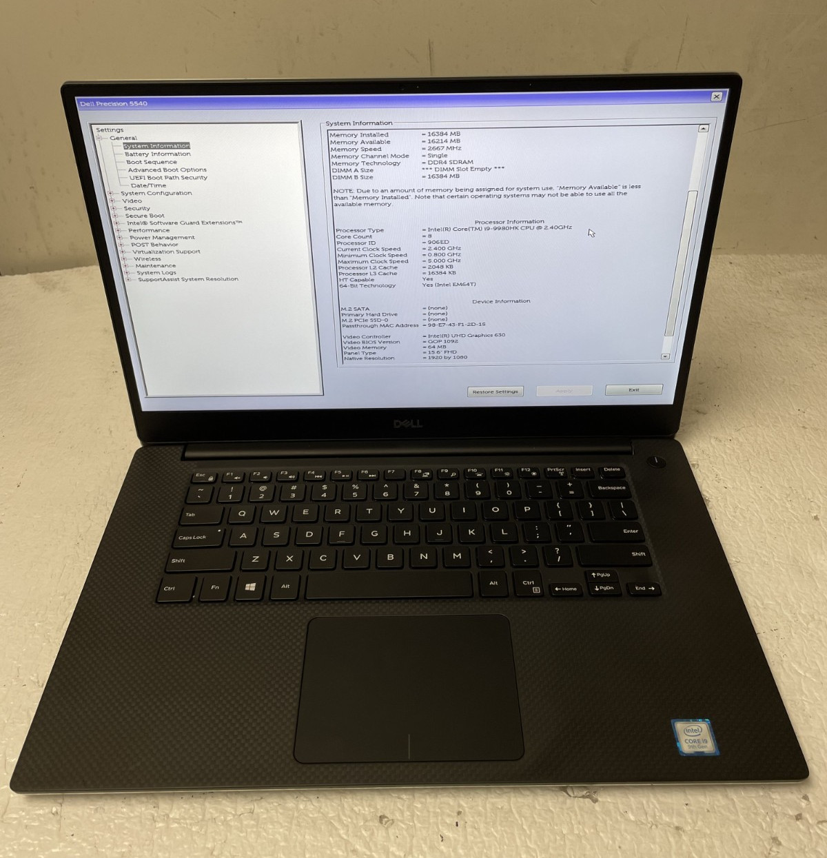 DELL Precision 5540 Intel Core i9-9980HK @2.40GHz 16GB RAM NO SSD For Parts