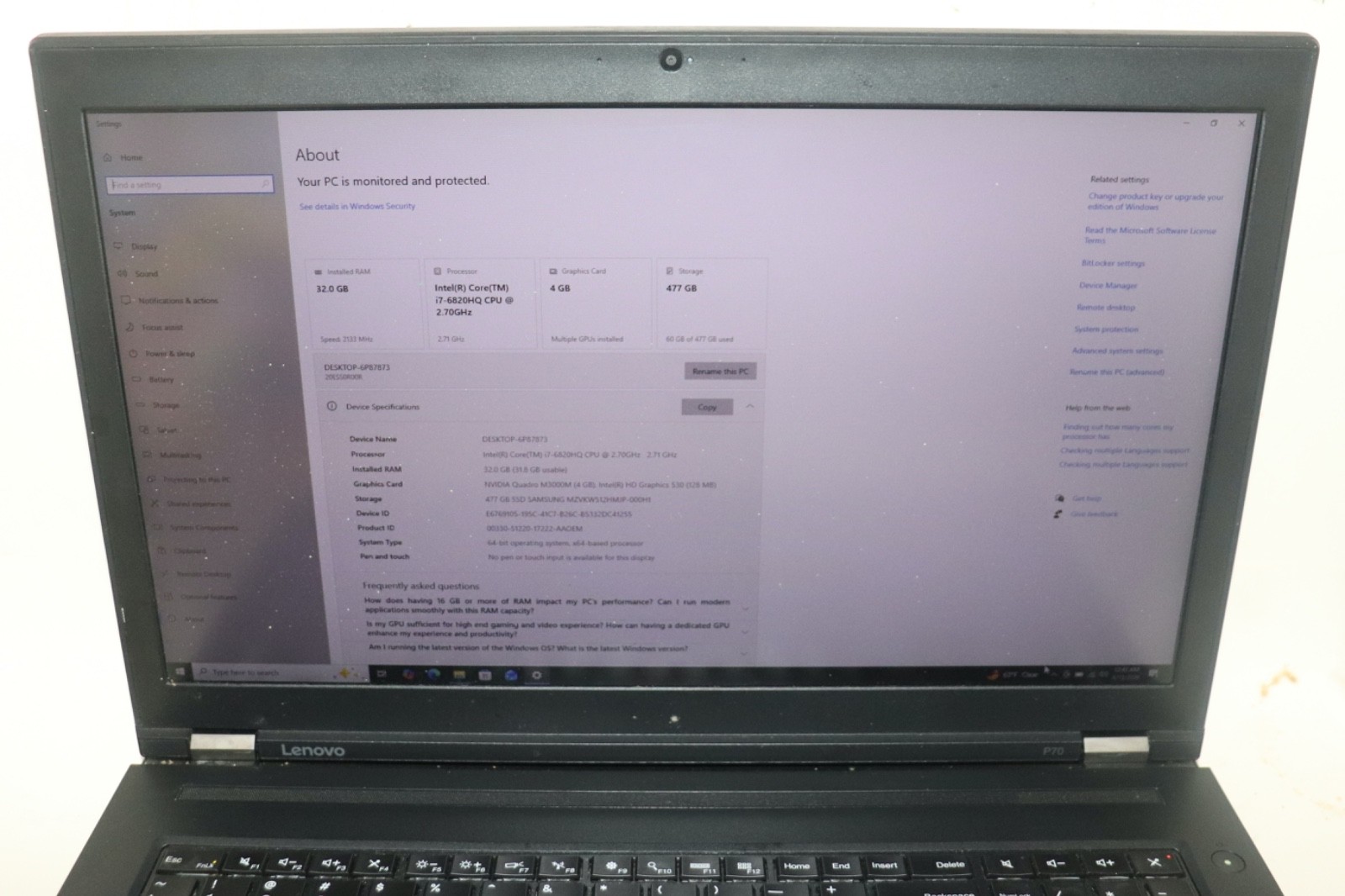 Lenovo ThinkPad P70|Intel core i7@2.70 GHz|32GB RAM |512GB SSD|WIN10.Prof|NVIDIA