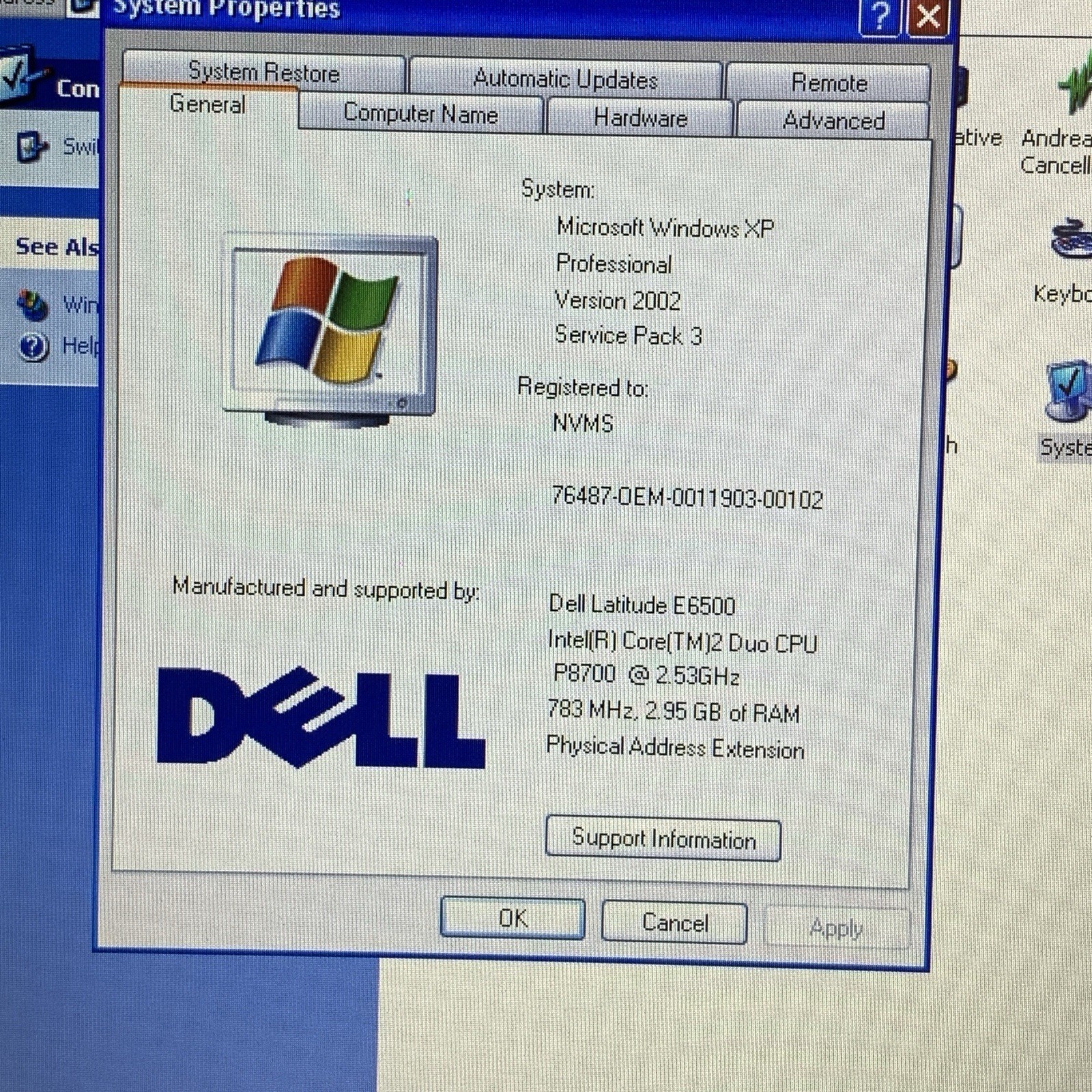 Dell Latitude E6500 Laptop Core 2 Duo P8700@2.53GHz 2.95 GB Ram Windows XP Pro