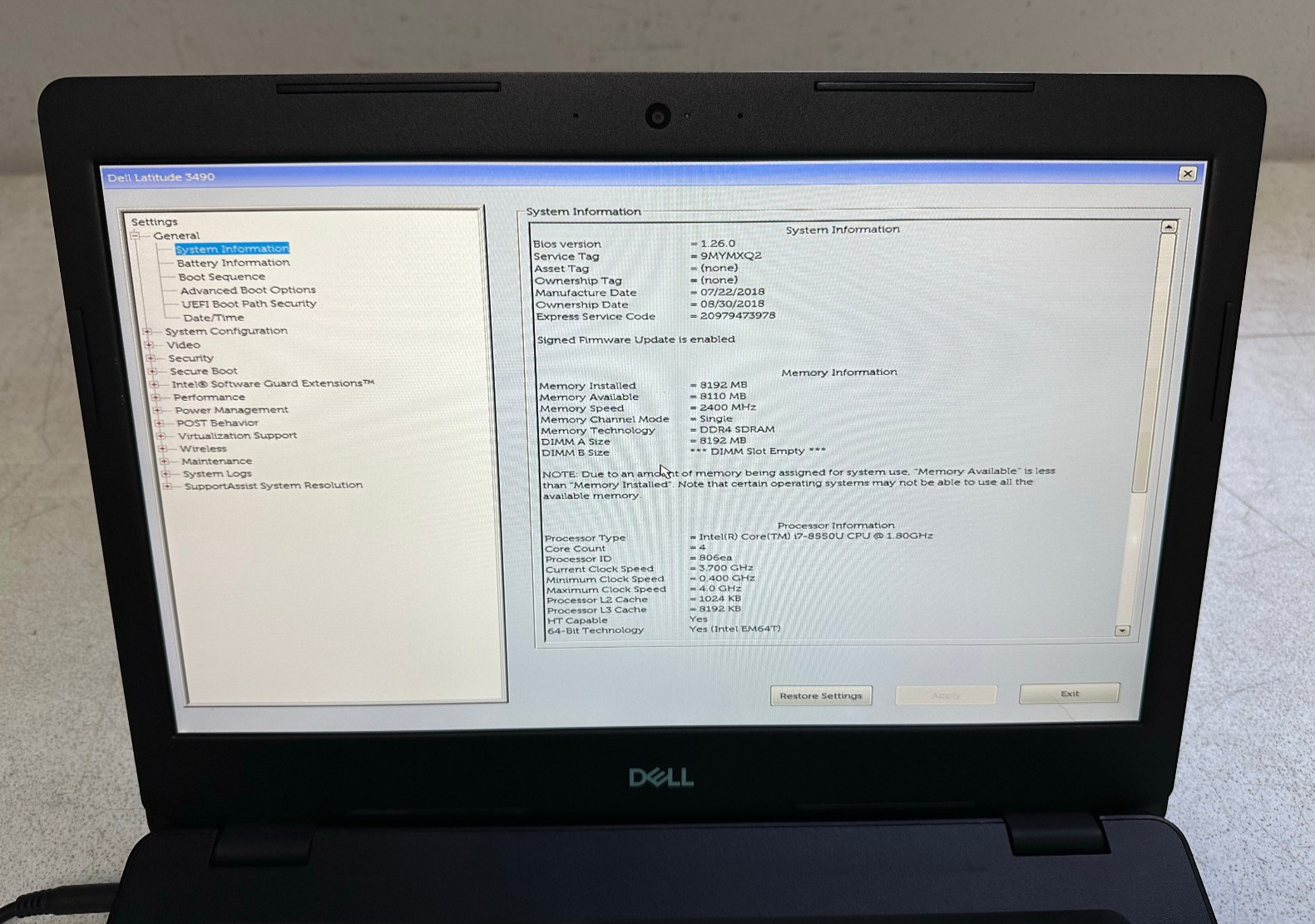 Dell Latitude 3490 14″ FHD (i7-8550U @1.80, 8GB RAM, Boot To Bio) NO HD/ADAPTER