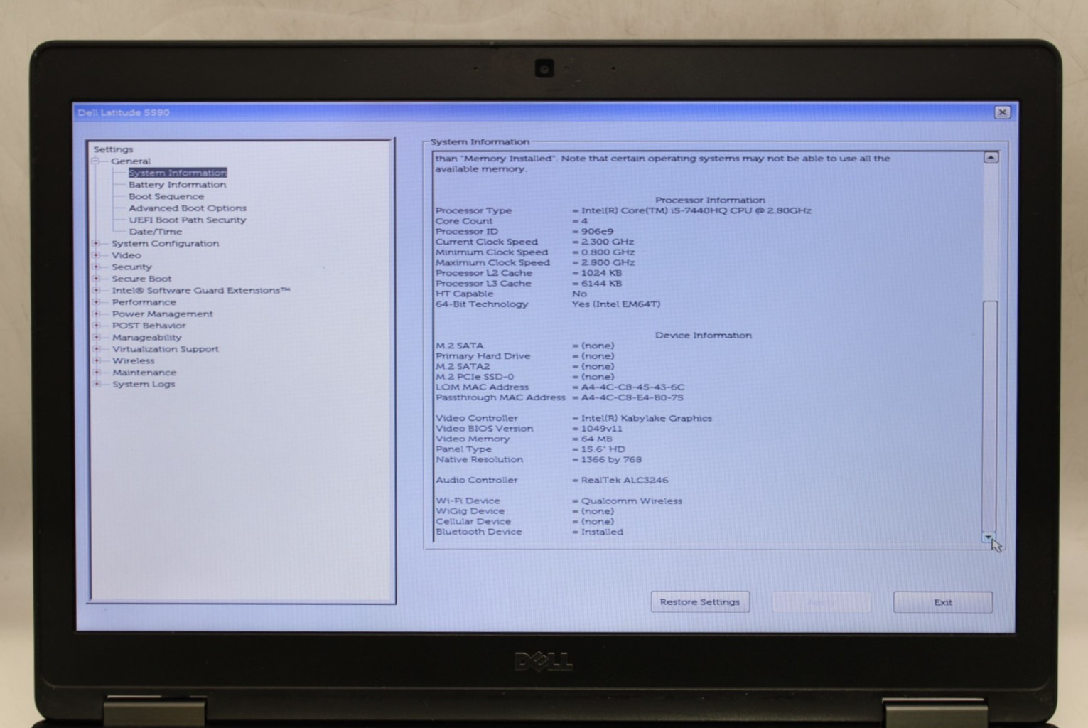 Dell Latitude 5580-i5-7440HQ@2.8GHz-8GB DDR4 RAM-NO STORAGE/OS*USED/TESTED*