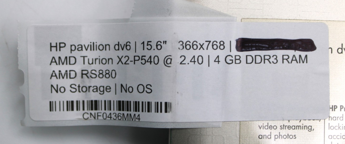 HP Pavilion Dv6 AMD Turion X2-P540@2.4GHz 4GB DDR3 NO STORAGE OR OS*USED/TESTED*