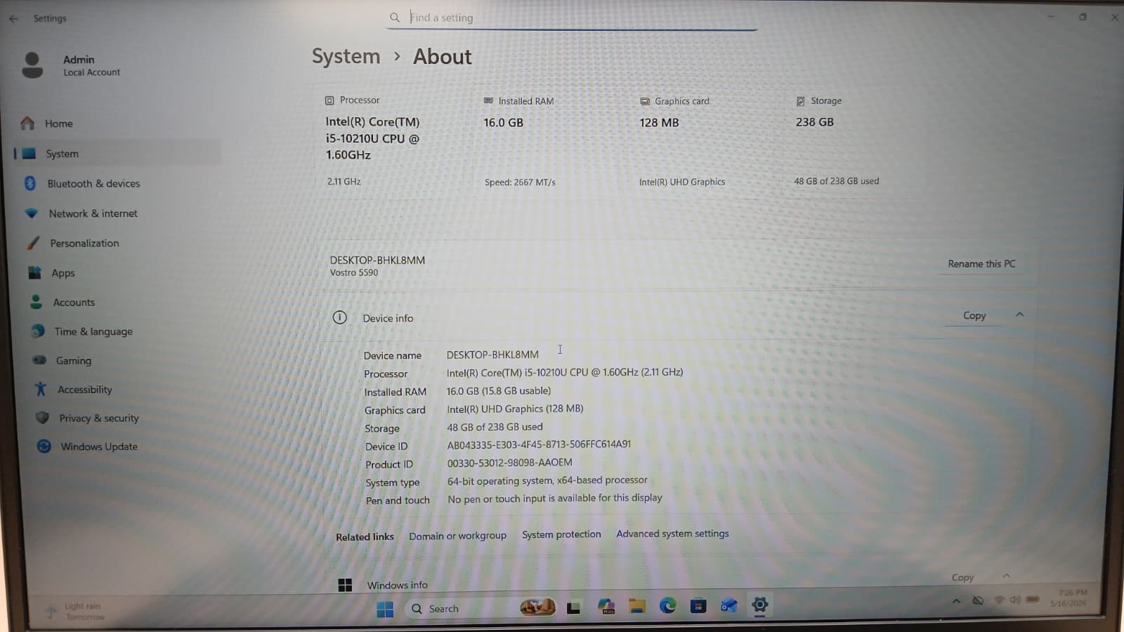 Dell Vostro 5590 15.6″ FHD i5-10210U 16GB RAM 256GB SSD Win11 Pro Laptop