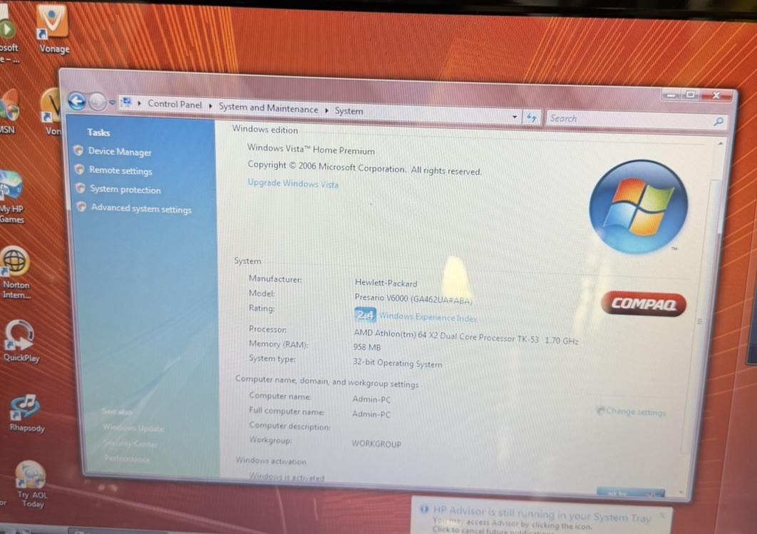 Compaq Presario V6000 AMD Athlon X2 1.7GHz 1GB RAM 80GB HDD Nvidia GF 6150 VISTA