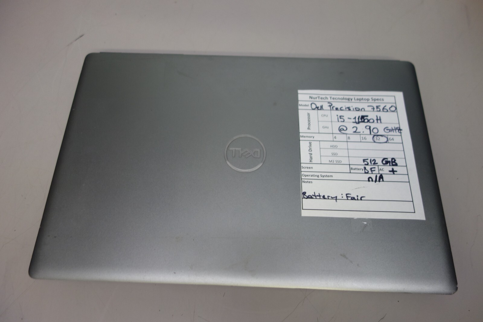 DELL PRECISION 7560 15.6″ i5-11500H 2.9GHz 32GB/512GB m2 SSD [NO OS] Laptop + AC