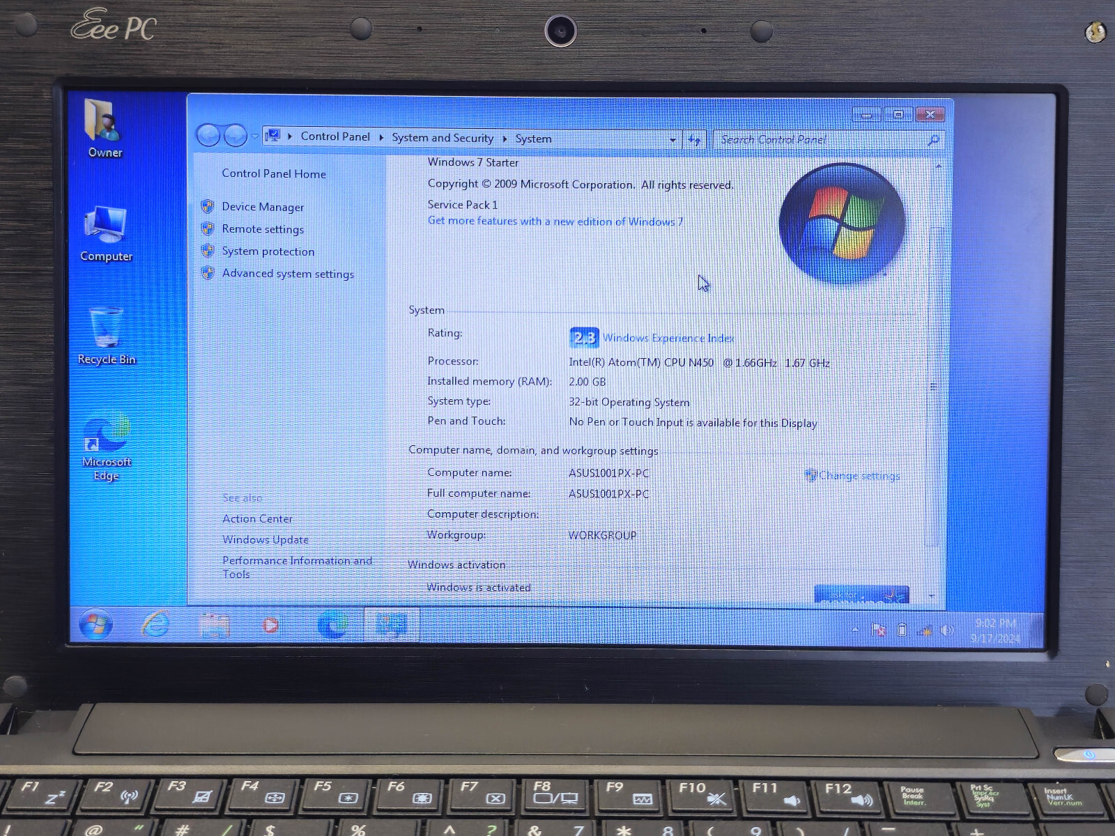 Asus EeePC 1001PX 10.1″ Atom N450 + 2GB + 250GB Windows 7 Starter TESTED