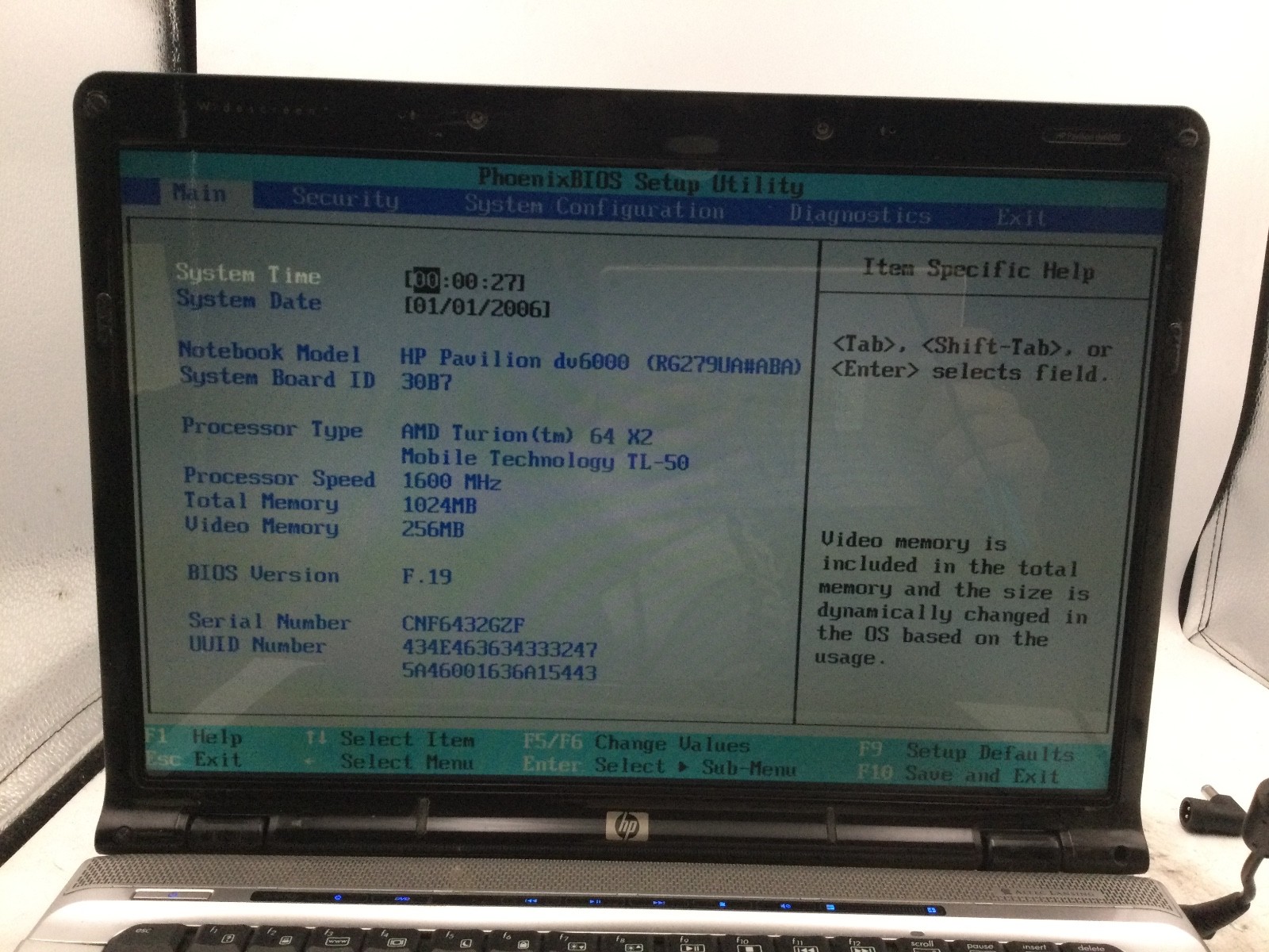 HP PAVILION DV6000 – BOOTS TO BIOS – AMD TURION 64 X2 – 1GB RAM – 16″ -READ- BB