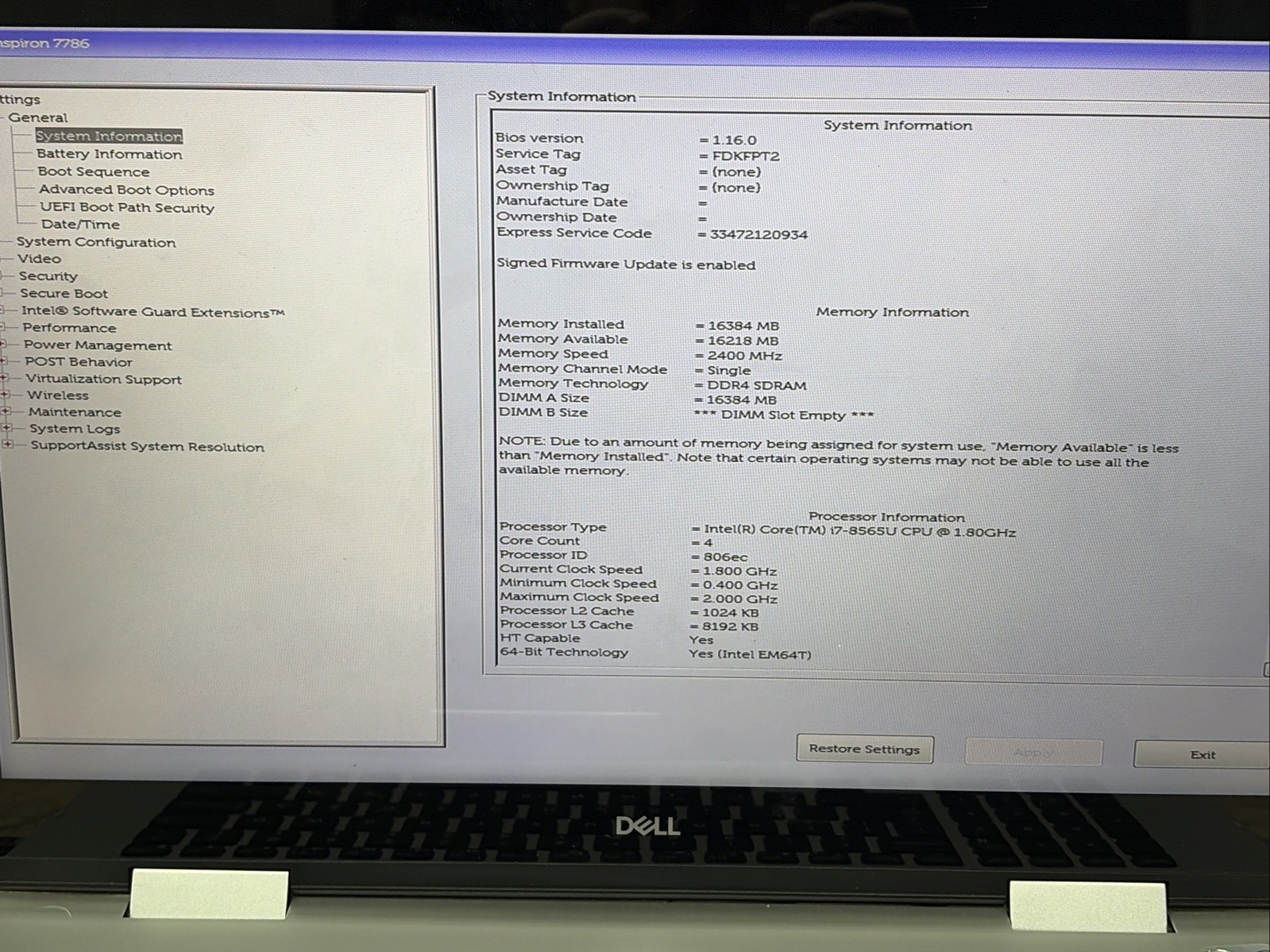 Dell Inspiron 7786 17.3″FHD Touch i7-8565U 16GB RAM 512GB SSD NVIDIA MX250 No OS