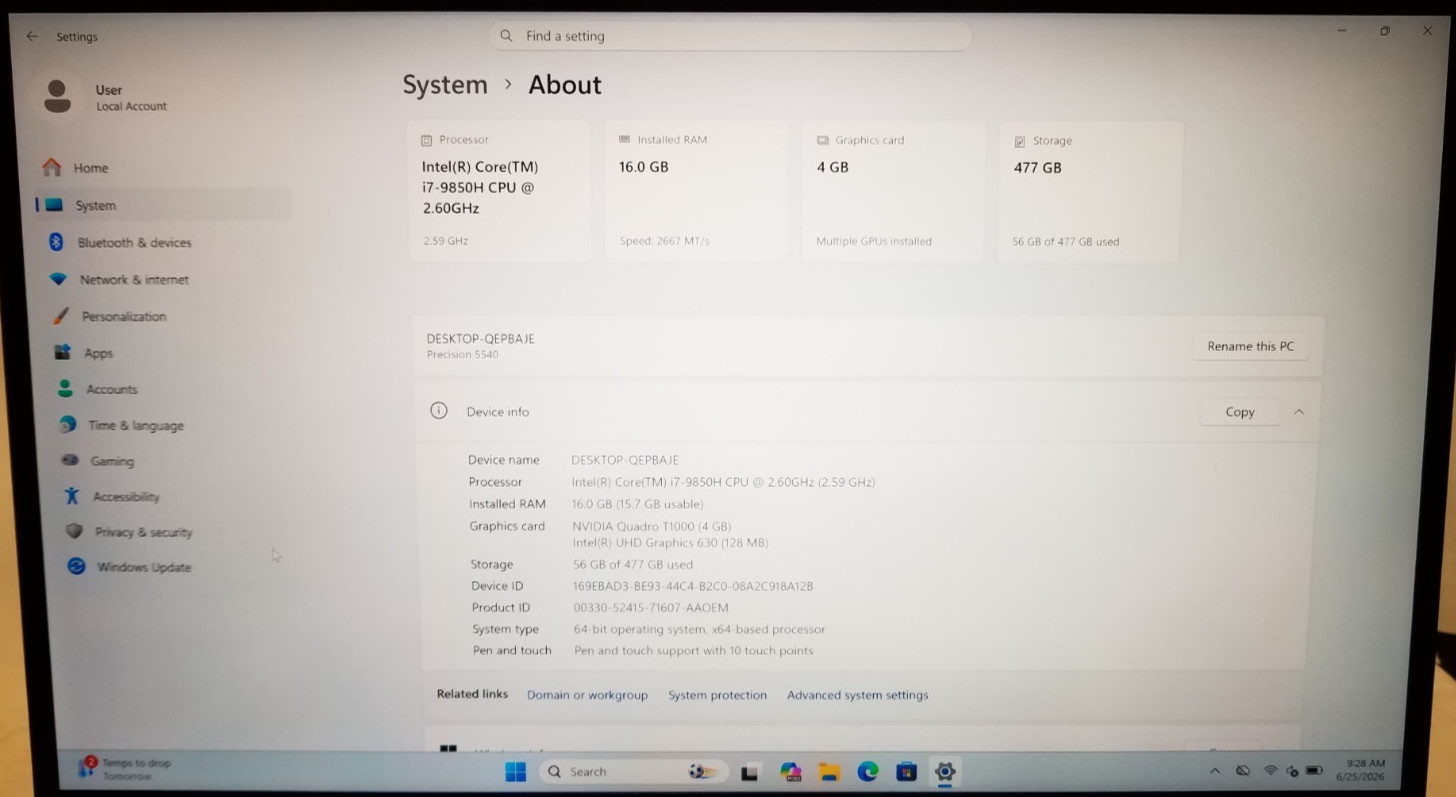 Dell Precision 5540, 15.6″ 4K, i7-9850H@2.6GHz, 16GB, 512GB NVMe, Win 11, No AC