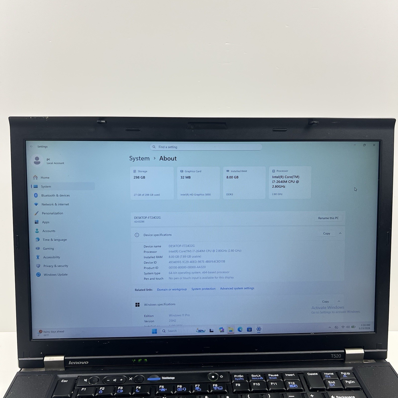 Lenovo ThinkPad T520 Intel i7-2640M 8GB 320GB HDD Win 11 w/ Charger|ELP68, READ
