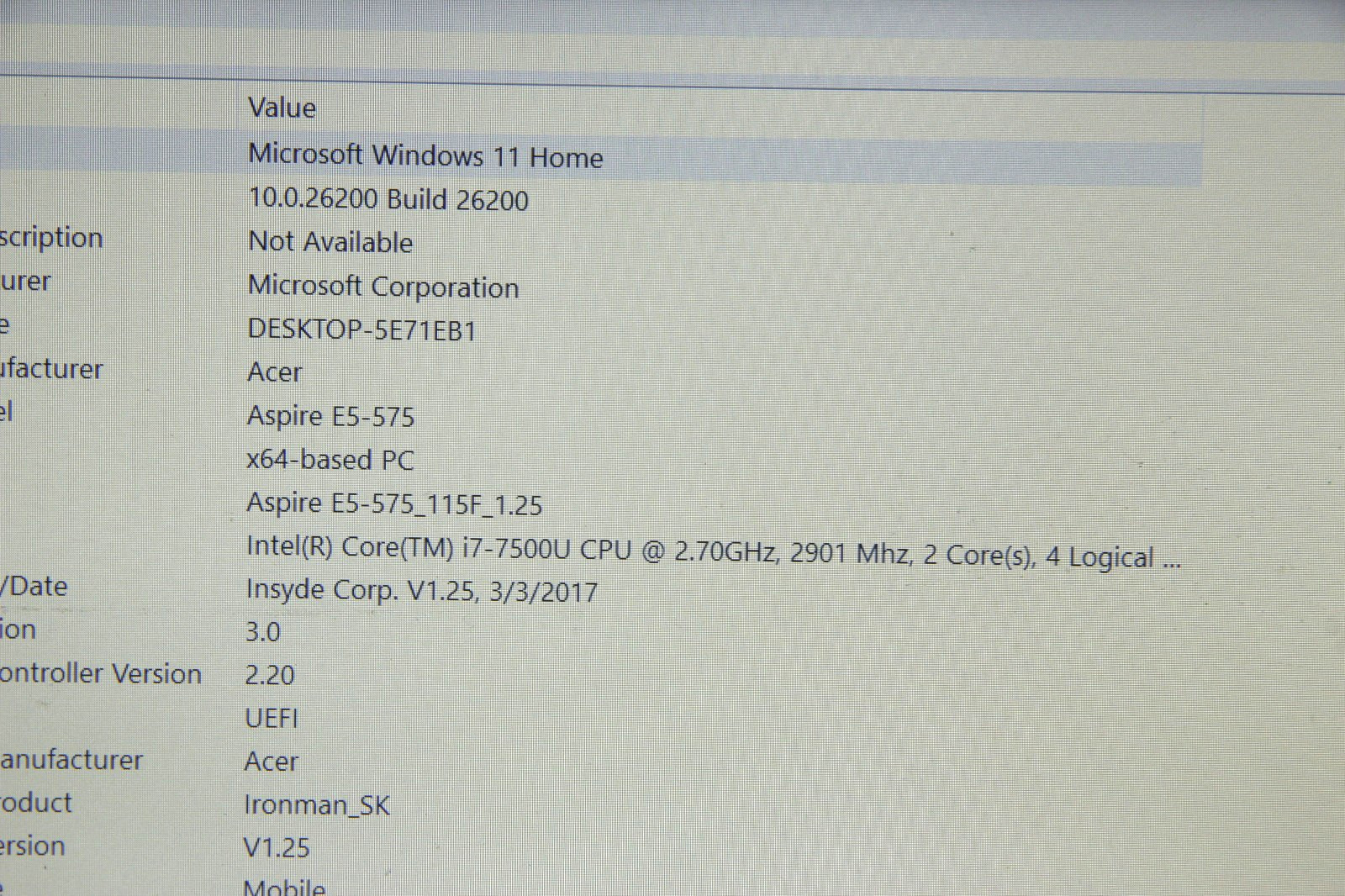 Acer Aspire E5-575 15.6″ Laptop i7-7500U 8 GB RAM 256 GB SSD Win 11 No Charger