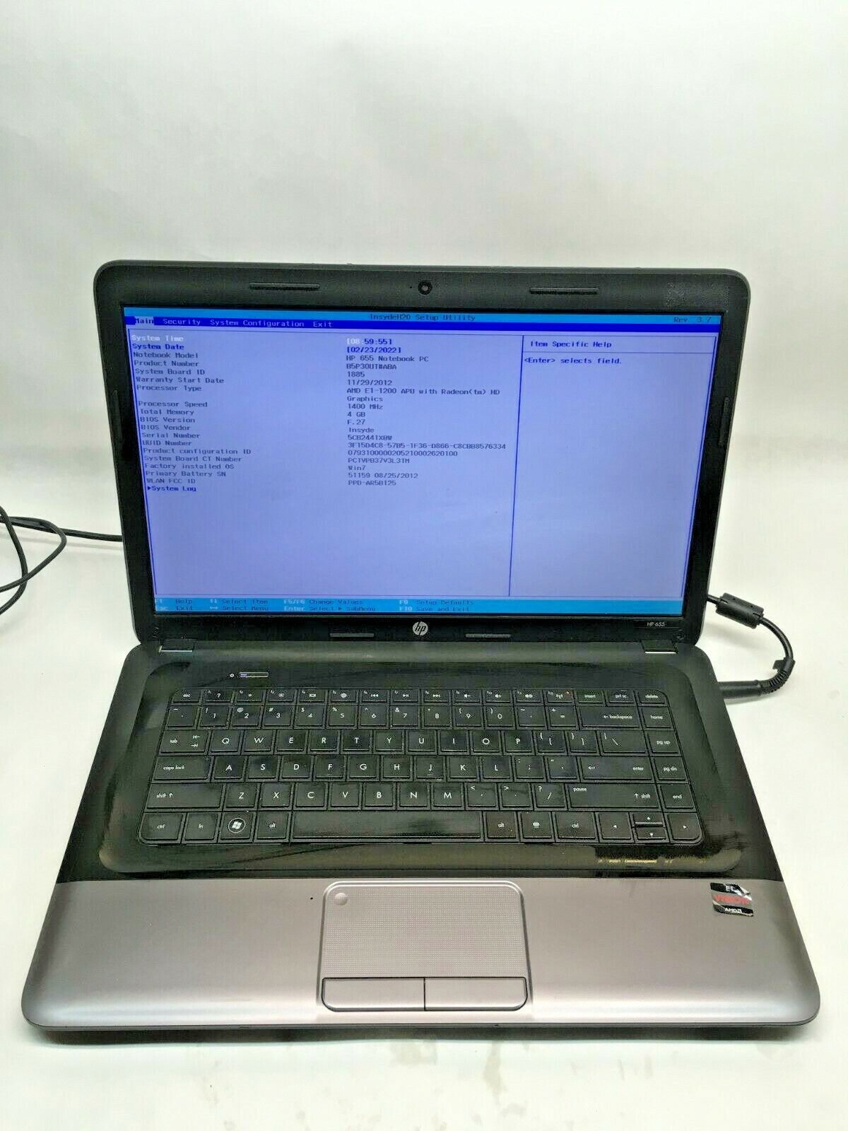 HP ProBook 655 15.6″ Laptop AMD E series Boots to BIOS NO HDD/RAM/Charger JR