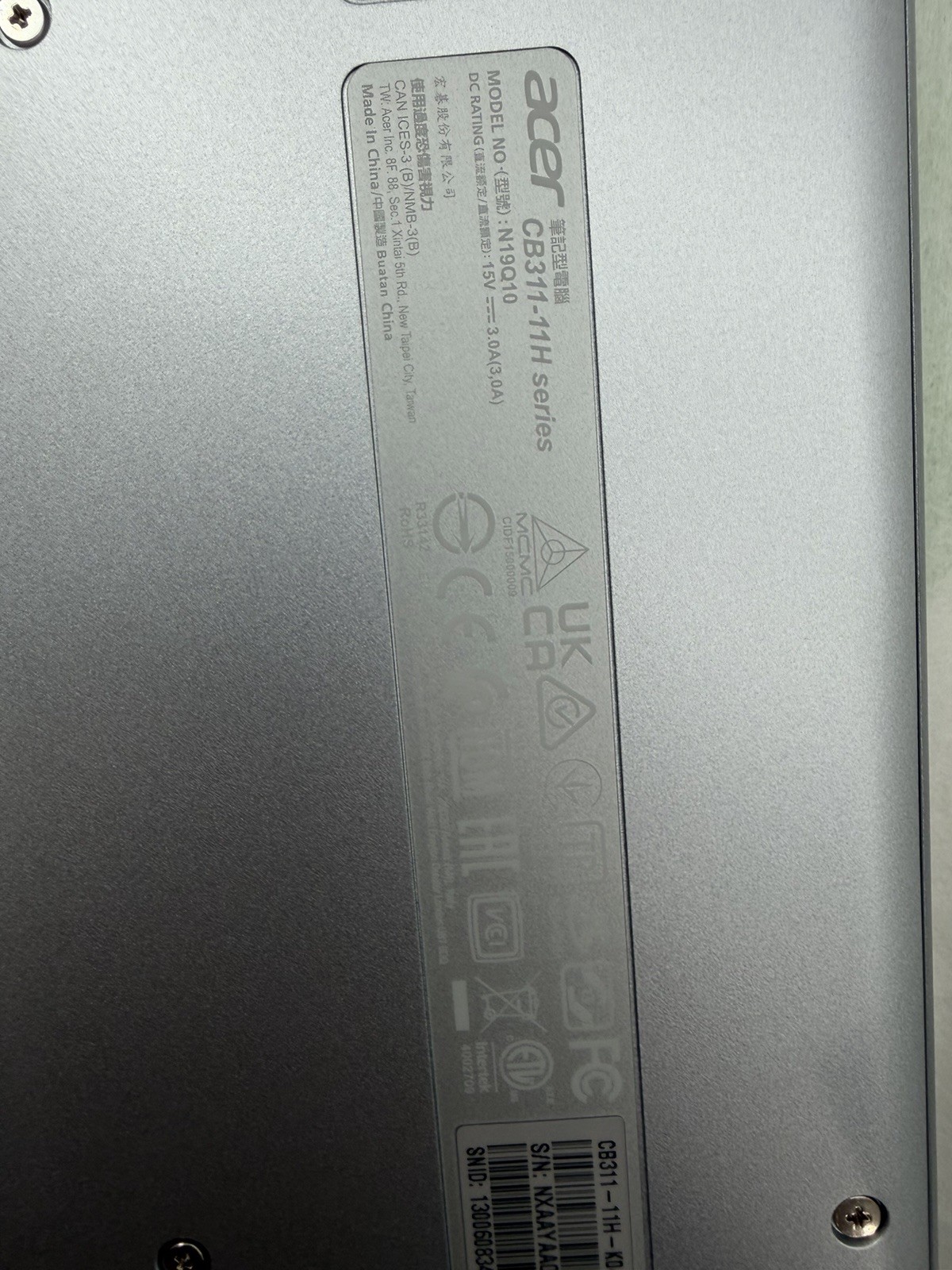 Acer chrome book CB311-11H- KO4N Pure silver Model-N19Q10