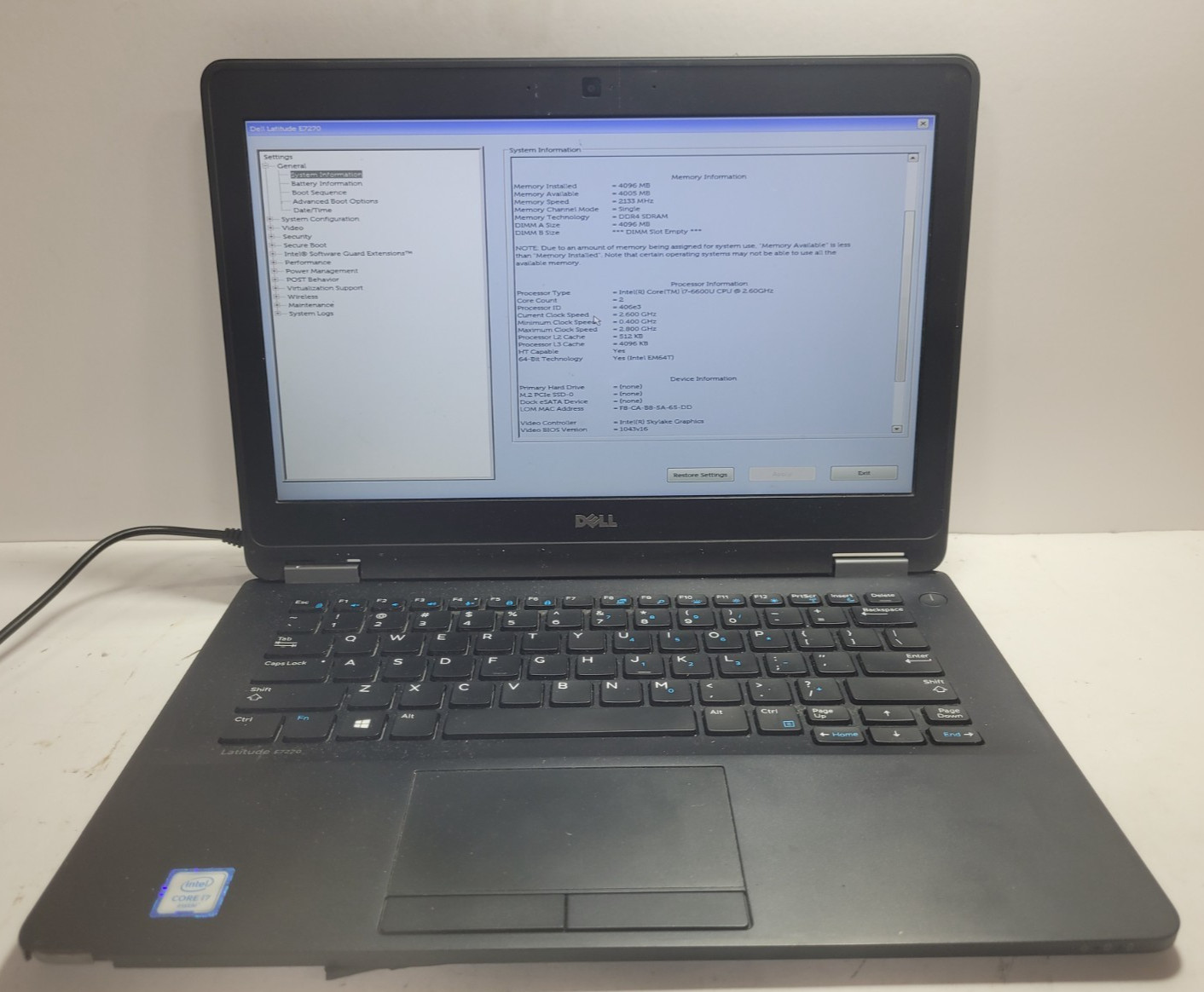 Dell latitude E7270 w/i7-6600U, 4GB RAM, 12.5″ Laptop for Repair #0416