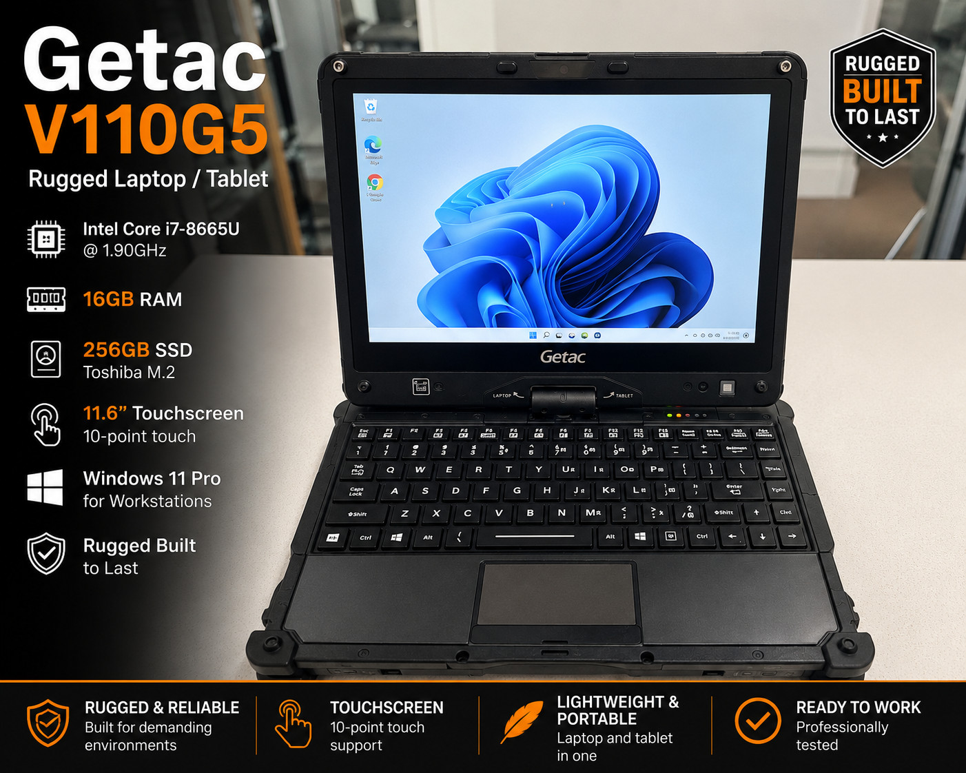Getac V110 G5 Rugged Laptop Tablet i7-8665U 16GB RAM 256GB SSD LTE 4G Win11 Pro