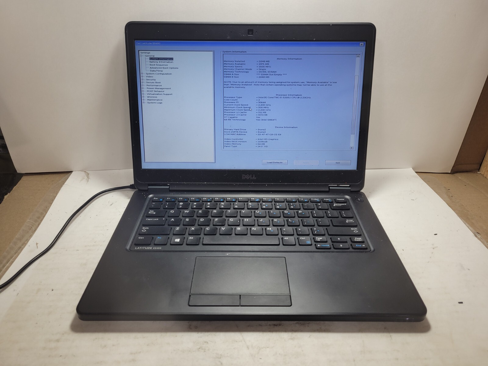 DELL LATITUDE E5450 w/i5-5200U, 2GB RAM Laptop for Parts/Repair #0143