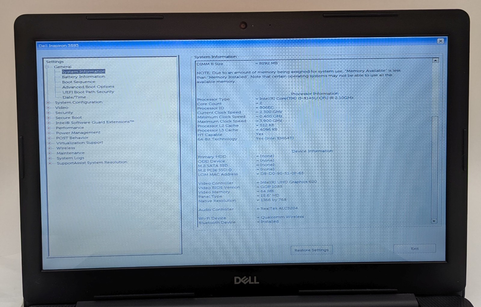Incomplete Dell Inspiron 3583 15.6″ Touch Laptop Intel i3-8145U 2.10GHz 8GB RAM