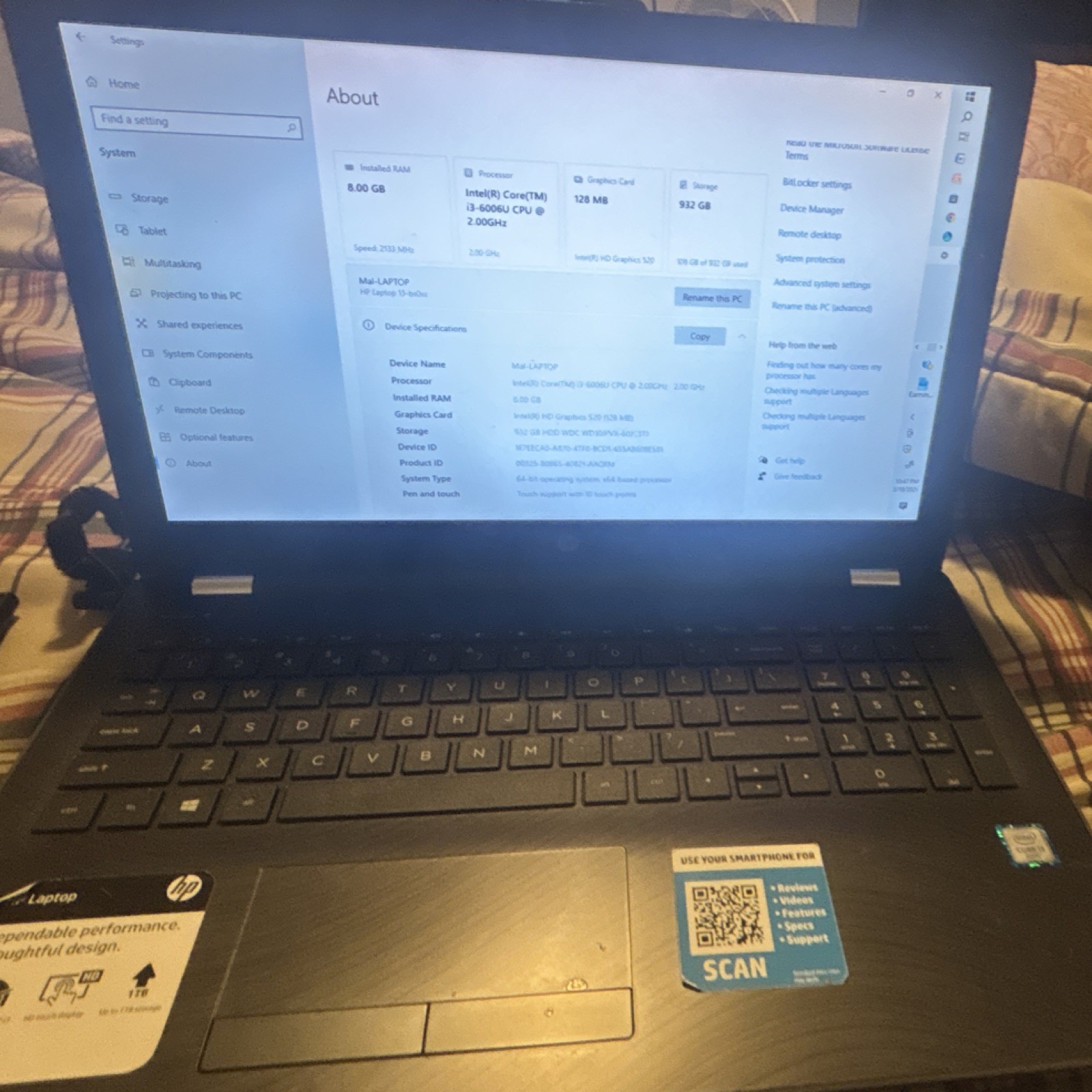 HP Laptop 15-bs0xx Intel Core i3-6006U 8GB RAM 932GB HDD 15.6″ Windows 10 Black