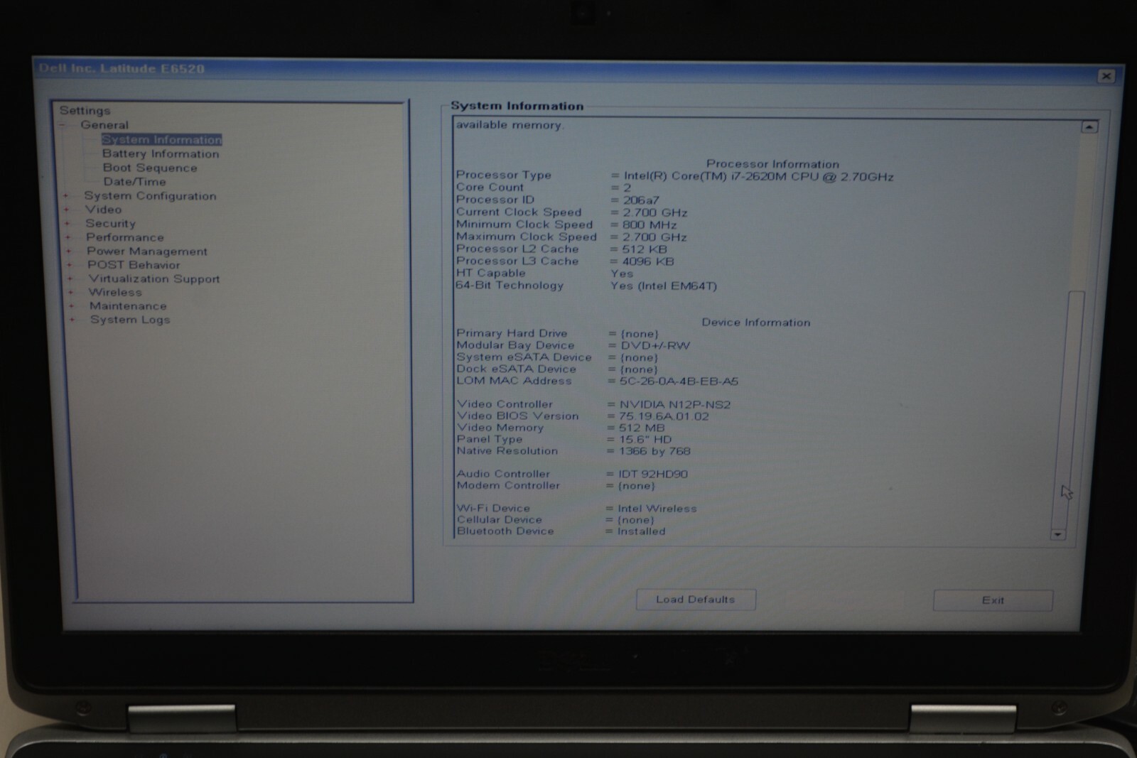 Dell Latitude E6520 Intel Core i7-2620M @ 2.70GHZ 4GB Ram No HD #Z451