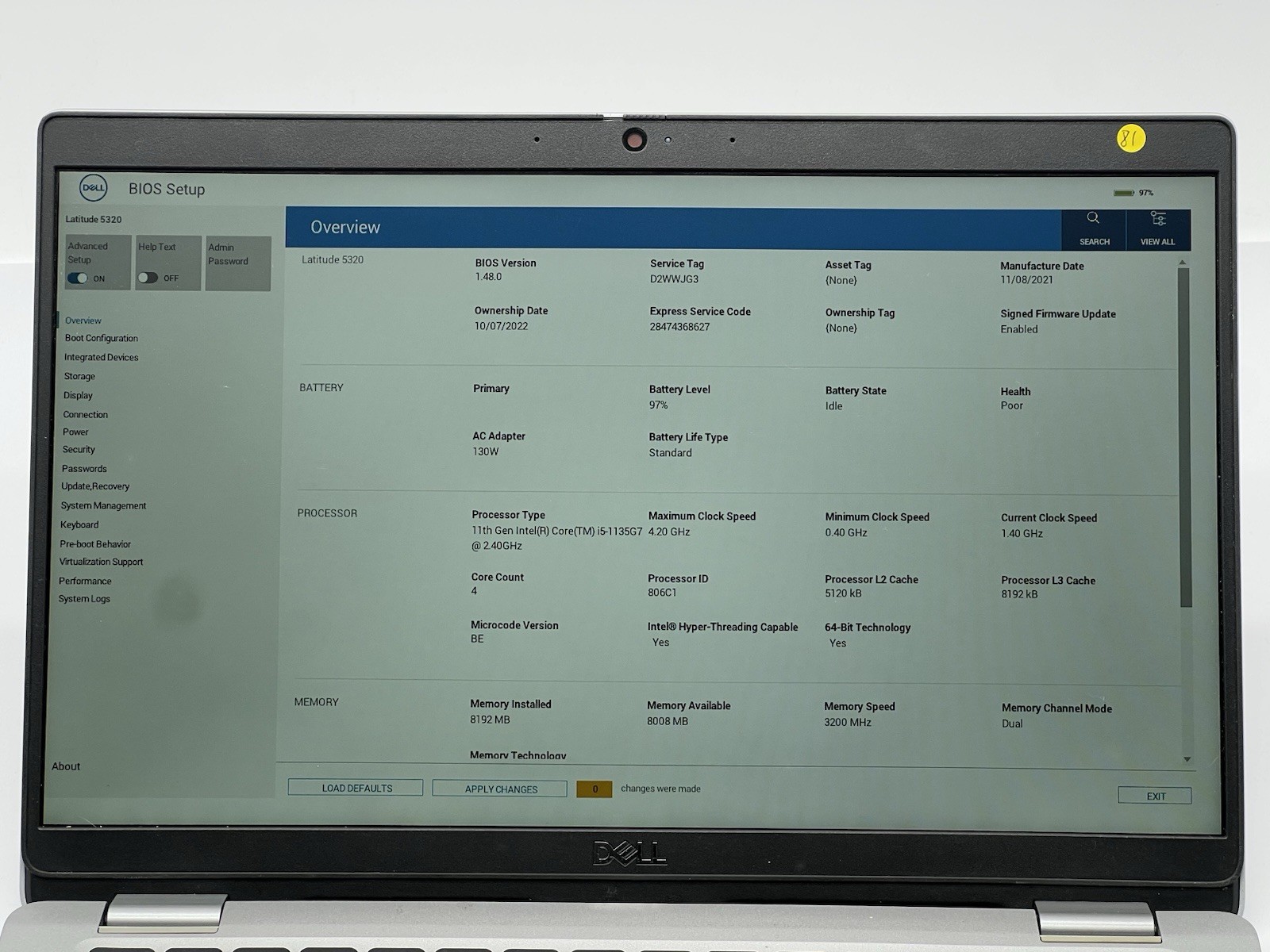 Dell Latitude 5320, i5-1135G7, @ 2.40GHz, 8GB RAM, 256GB NVMe-No OS/Charger
