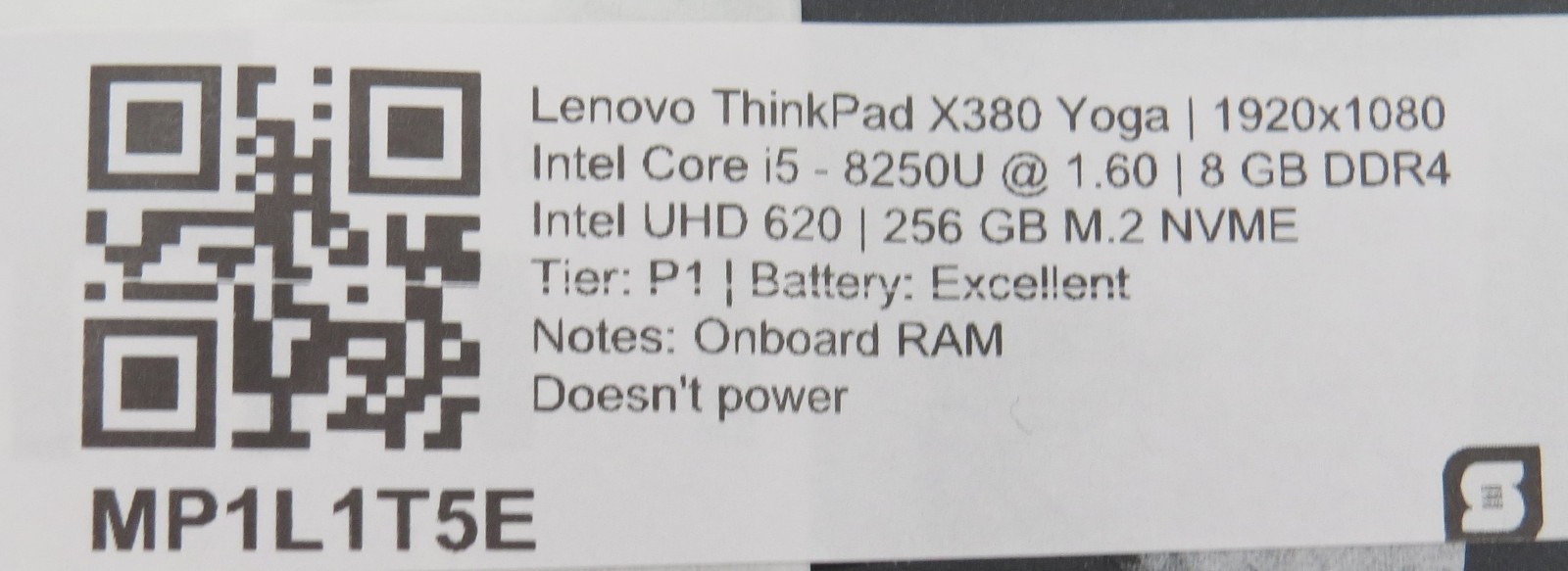 Lenovo ThinkPad X380 Yoga i5-8250U @ 1.6GHz 8GB / 256GB No OS/AC *REPAIR*