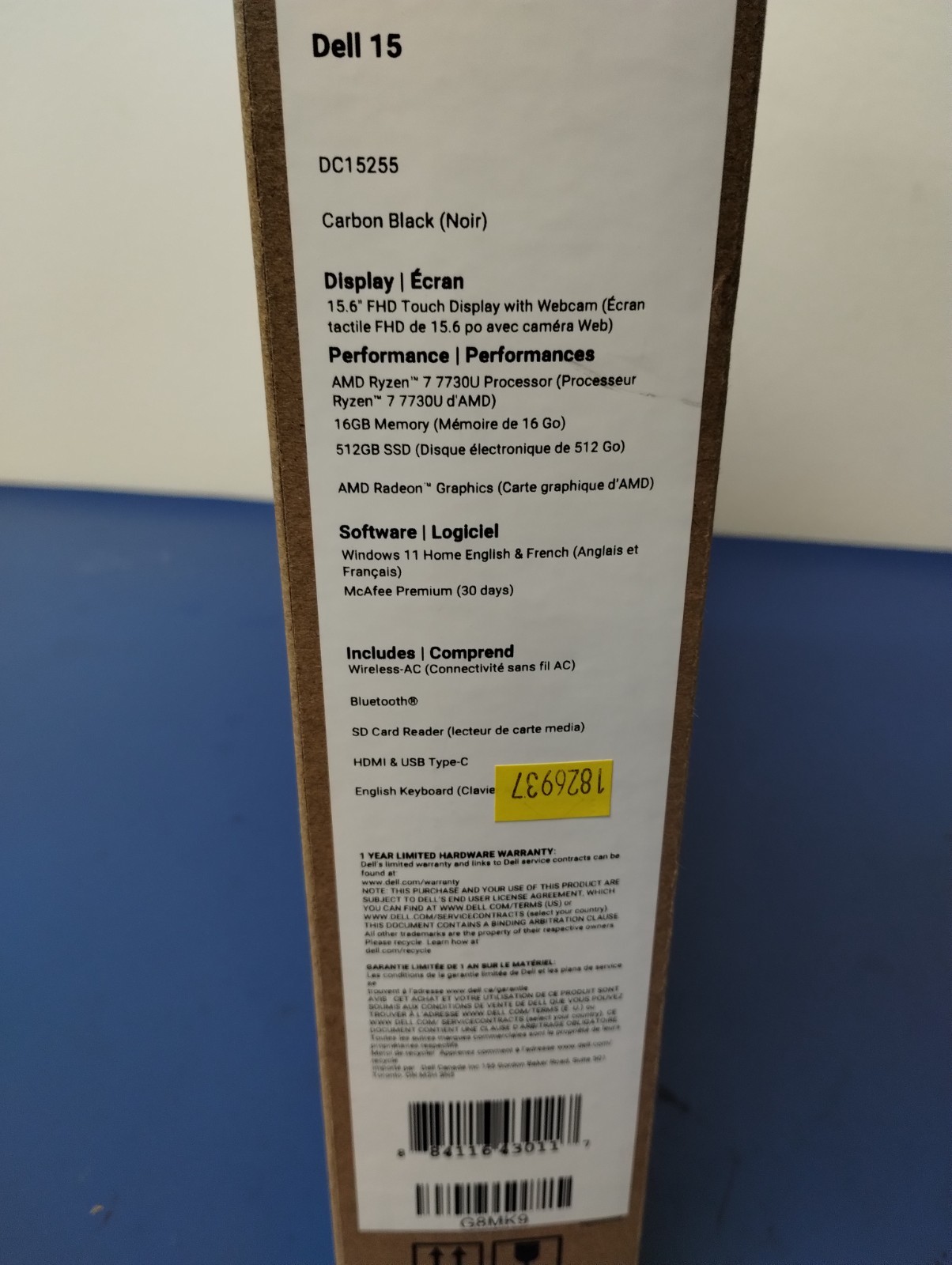 DELL 15 DC15255 G8MK9, AMD Ryzen 7 7730U, 2.00 GHz, 16 GB RAM, 512 GB NVMe SSD
