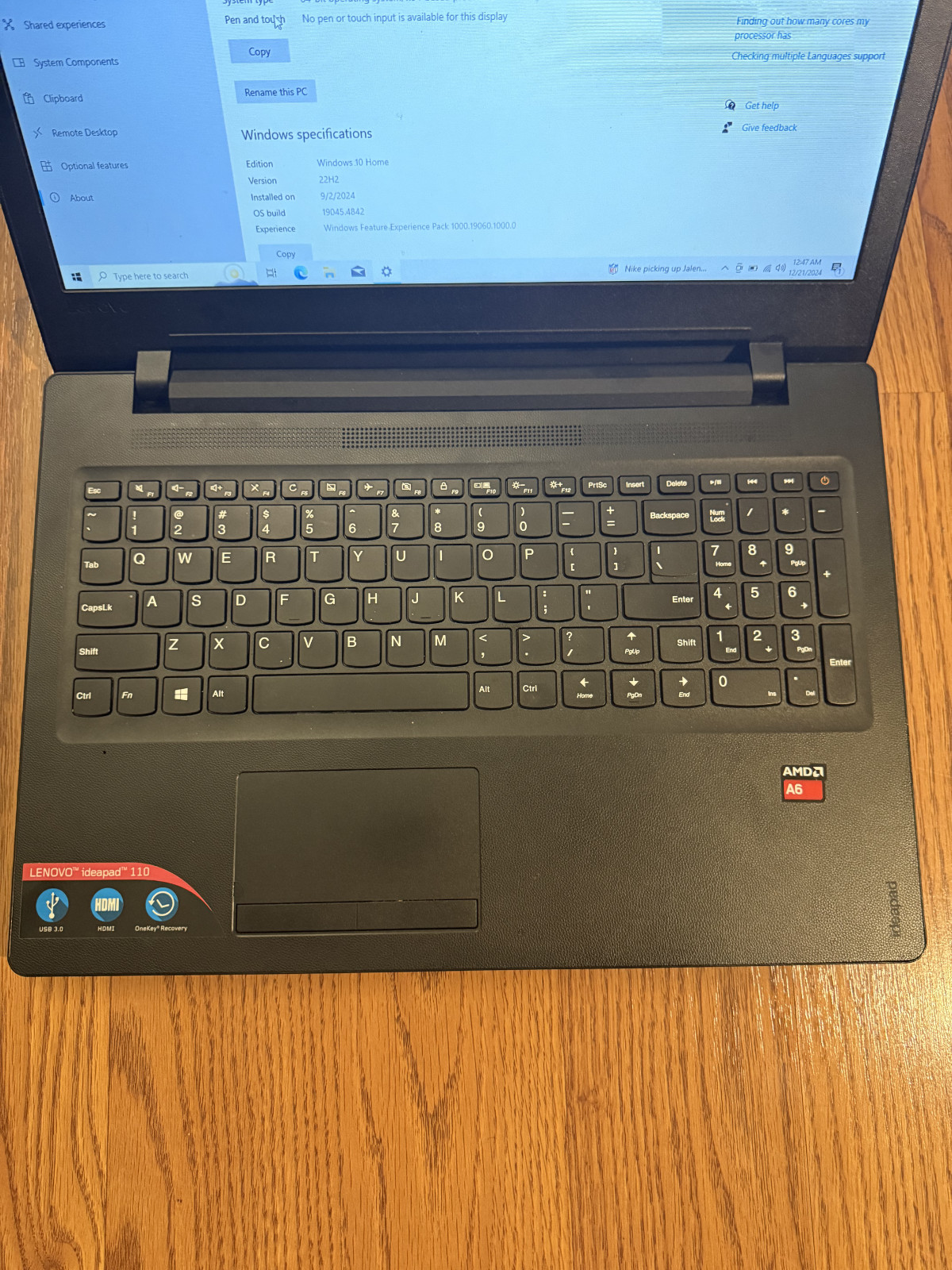 Lenovo IdeaPad 110-15ACL | AMD A6 | 15.6″ HD | 237GB Storage | Includes Charger