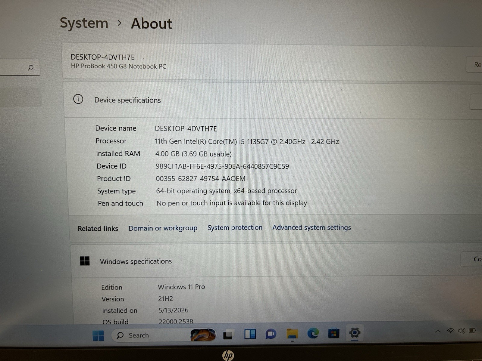 HP ProBook 450 G8 14” i5-1135G7 2.4GHz 4GB RAM 256GB NVMe W11Pro Office 16
