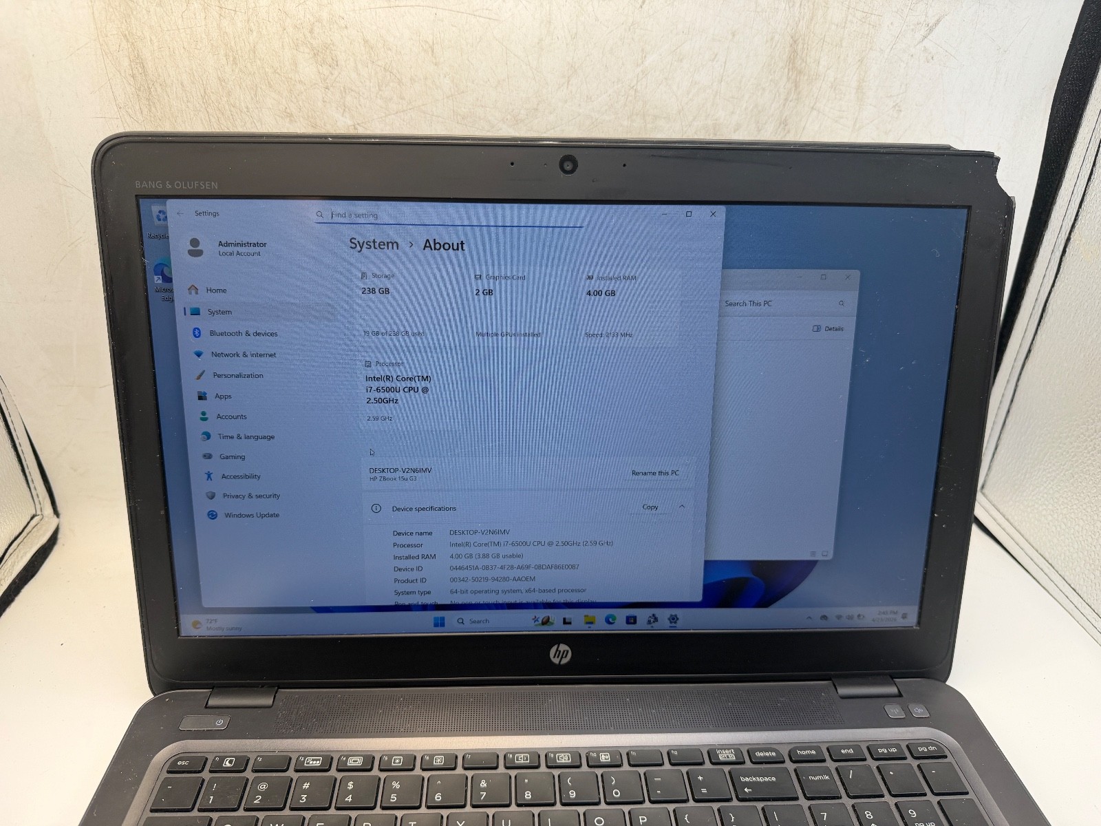 HP ZBook 15u G3 Laptop Intel i7-6500U 4GB RAM 256GB SSD Win11 -w/battery C GRADE