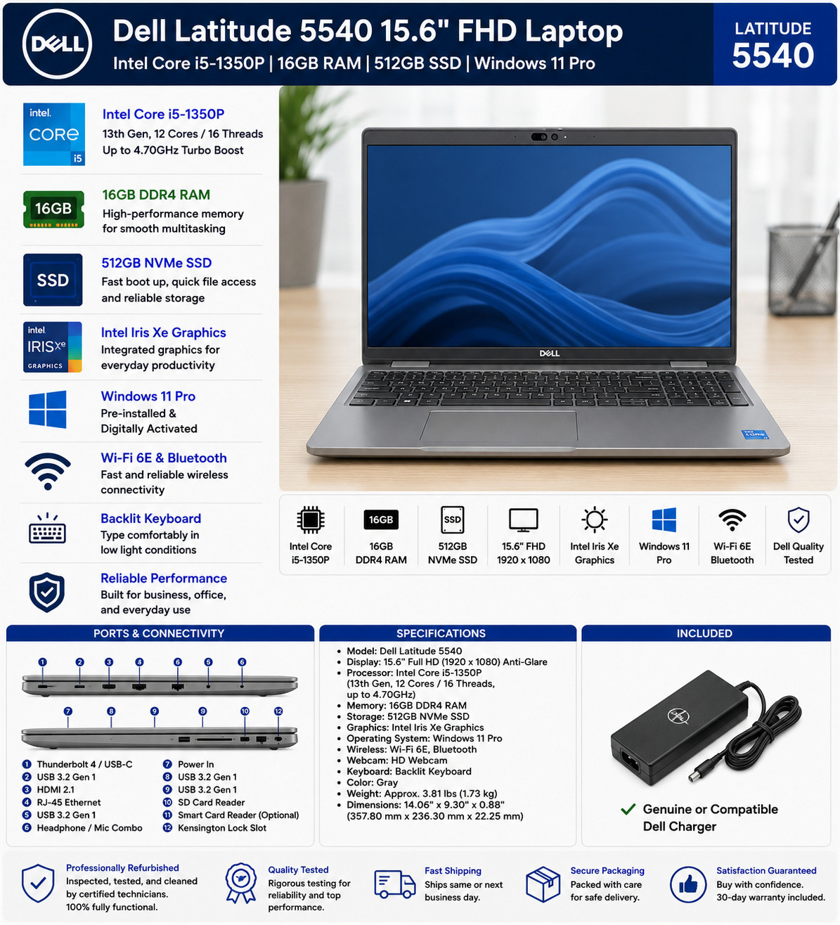 Dell Latitude 5540 15.6″ FHD i5-1350P 16GB RAM DDR5 512GB SSD Win11 Pro