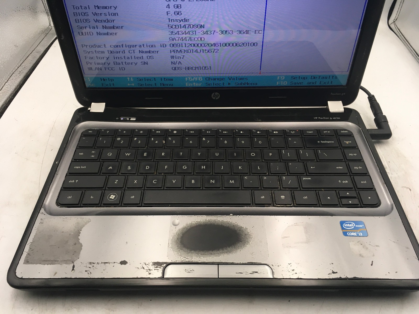 HP PAVILION G4 1226NR – BOOTS TO BIOS – INTEL I3 2330M – NO RAM – NO OS -READ-BB
