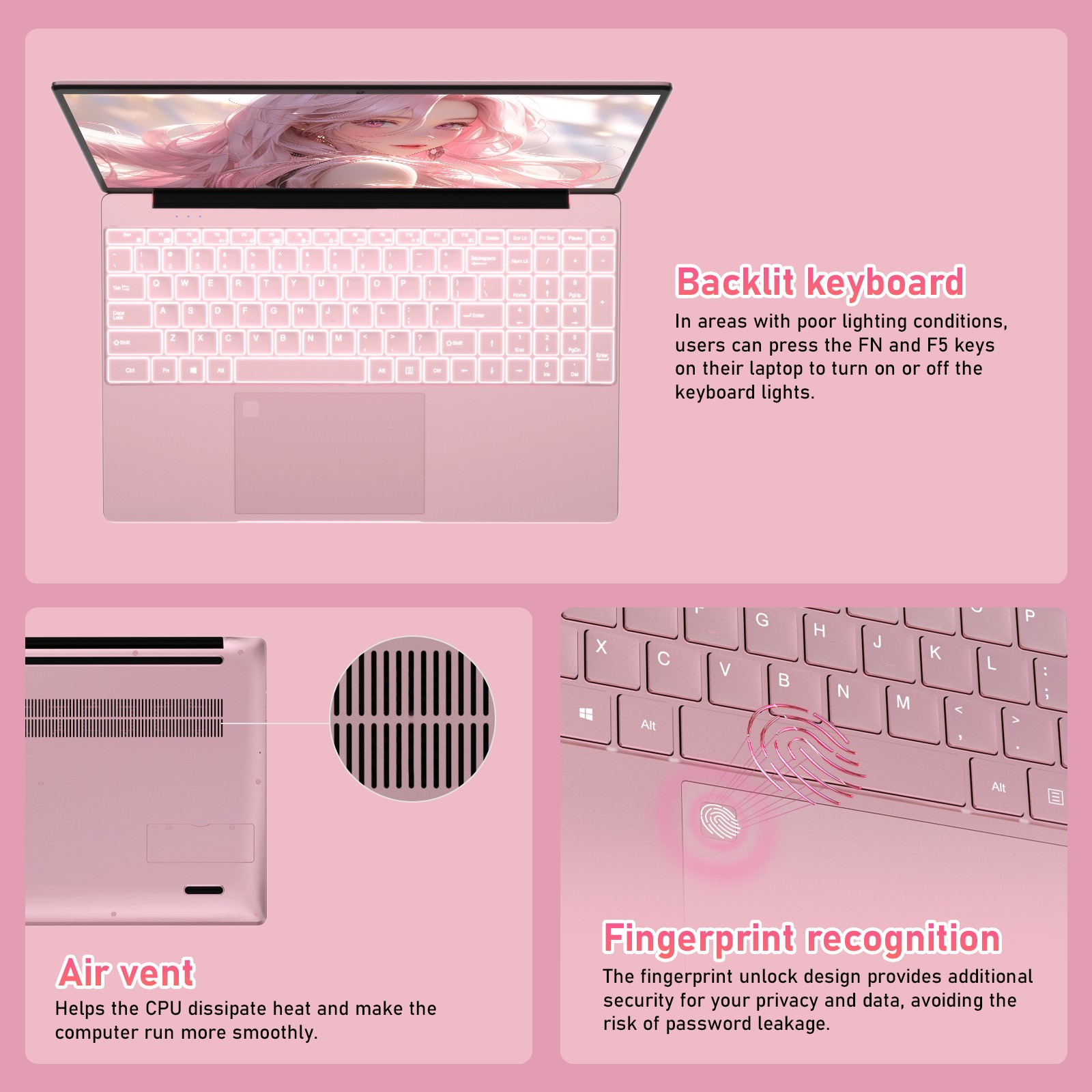 15.6″ FHD 1080P Laptop Celeron N95 32GB + 1TB SSD 8000mAh Battery Pink Notebook