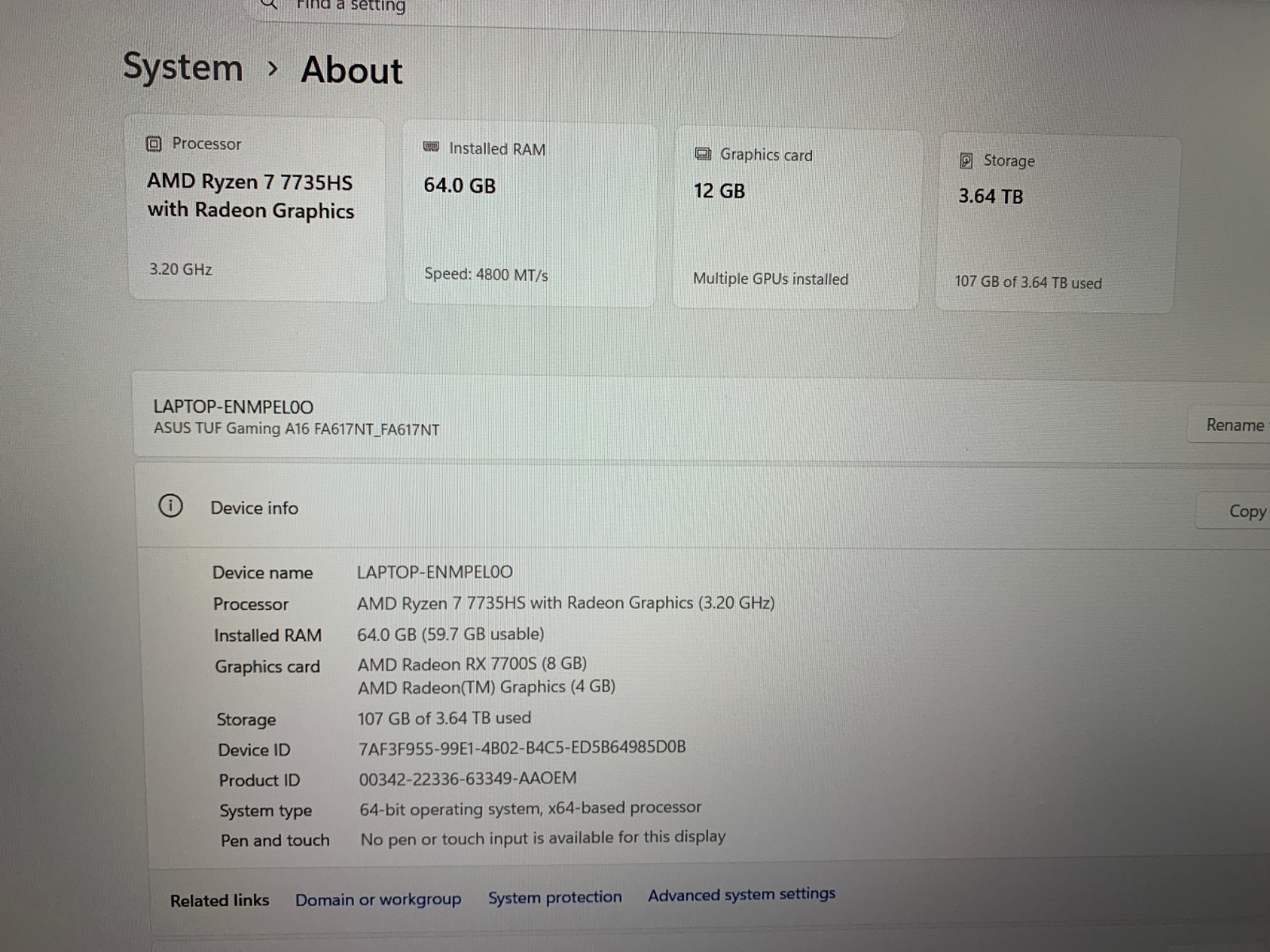 ASUS TUF Gaming A16 FA617 AMD Ryzen 7 7735HS 3.2GHz, 64GB RAM, x2 2TB SSD In Box