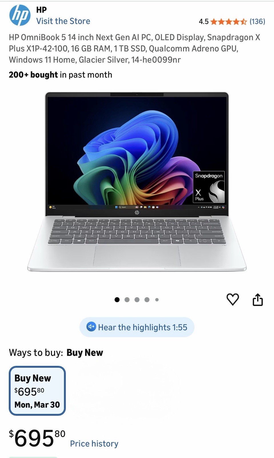 HP OmniBook 5 14″ Snapdragon X Plus 16GB RAM 1TB SSD Glacier Silver Windows 11
