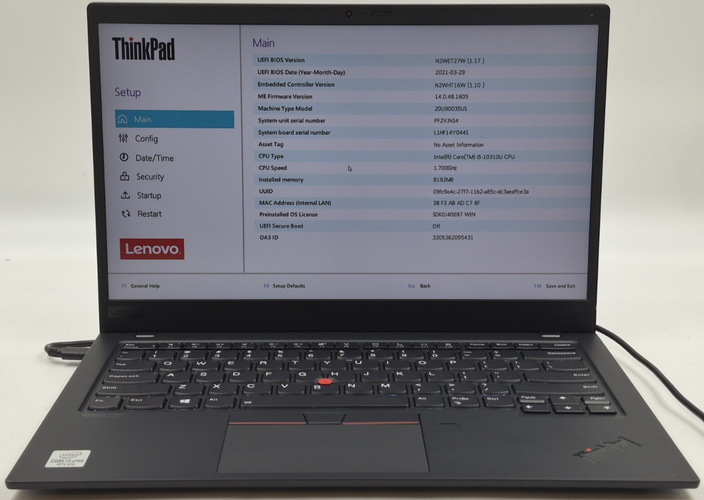 FOR PARTS Lenovo ThinkPad X1 Carbon Gen 8 i5-10310U 1.70GHz 8GB RAM No SSD/OS