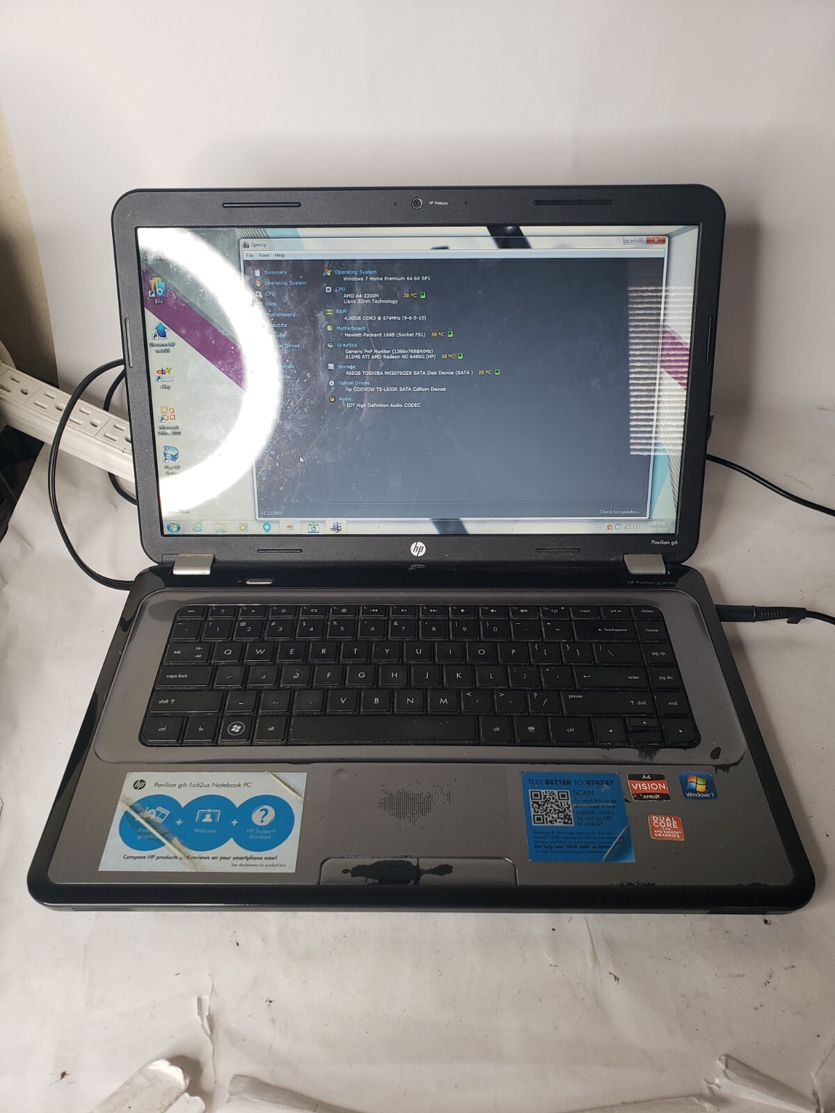 HP Pavilion G6-1C62US 15.6″ Laptop AMD A4-3300M@1.90GHz 500GB HDD 4GB RAM READ