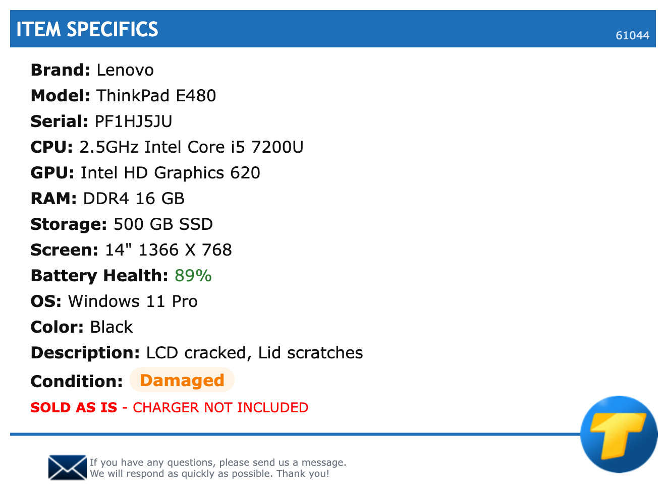 Lenovo ThinkPad E480 – 14″ HD, 2.5GHz i5, 16 GB RAM, 500 GB SSD, Windows 11 Pro
