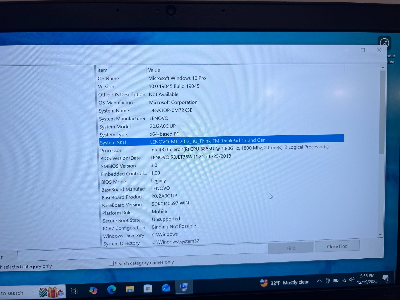 Lenovo ThinkPad 13 2nd Gen Intel Celeron 3865U 16GB RAM 256GB SSD Win10 Pro