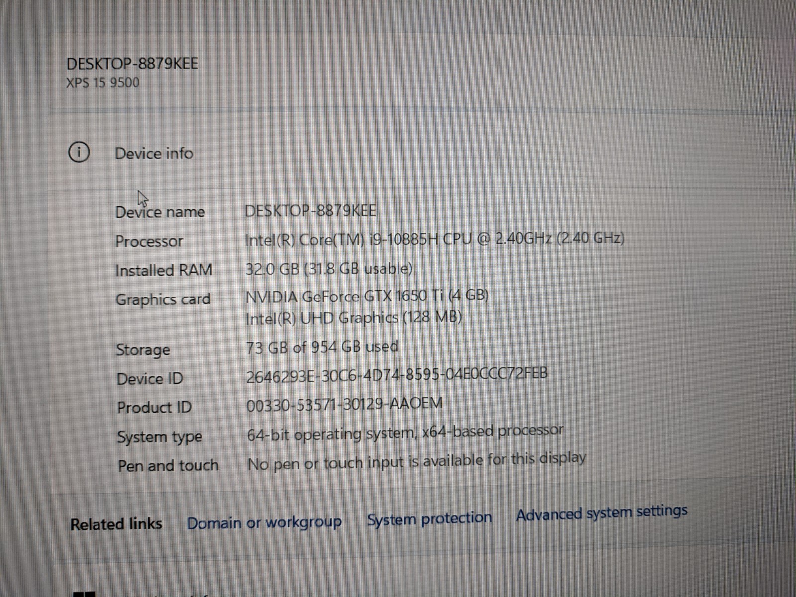 Dell XPS 15 9500 – Core i9-10885H | 32GB DDR4 | 1TB NVMe | GTX 1650 Ti 4GB | W11