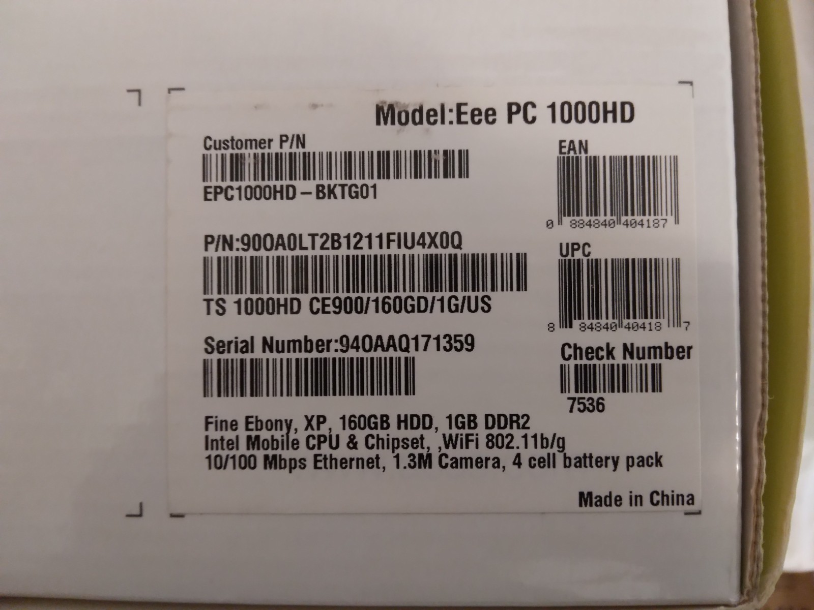 Asus Eee PC 1000HD – Open Box – Complete Kit – Sealed Charger – Untested
