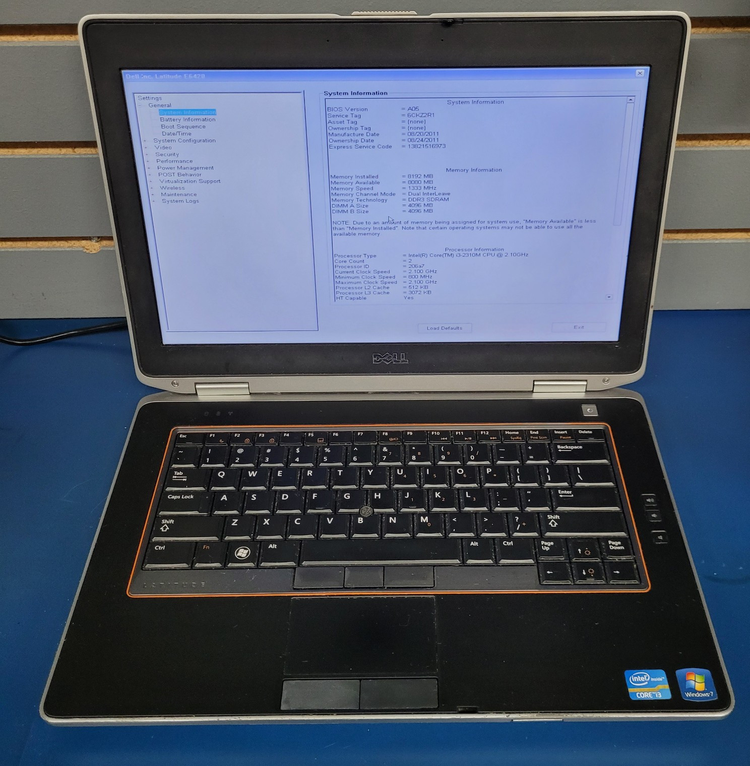 Dell Latitude E6420, Intel Core i3-2310m @ 2.10 GHz 8 GB RAM NO HDD OR HDD TRAY