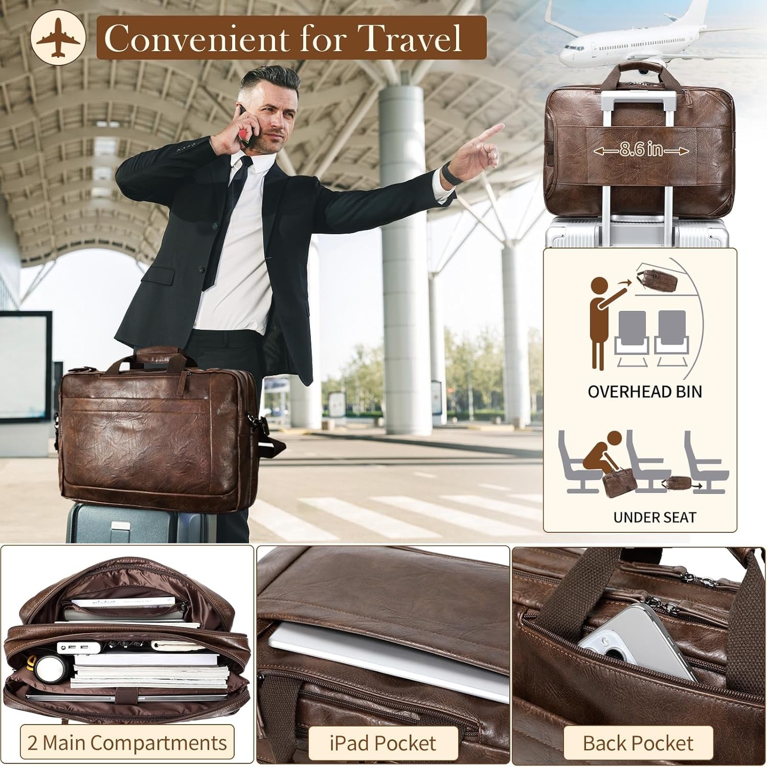 Faux Leather Messenger Bag for Men 17-17.3 Inch: Convertible 3 in 1 Backpack