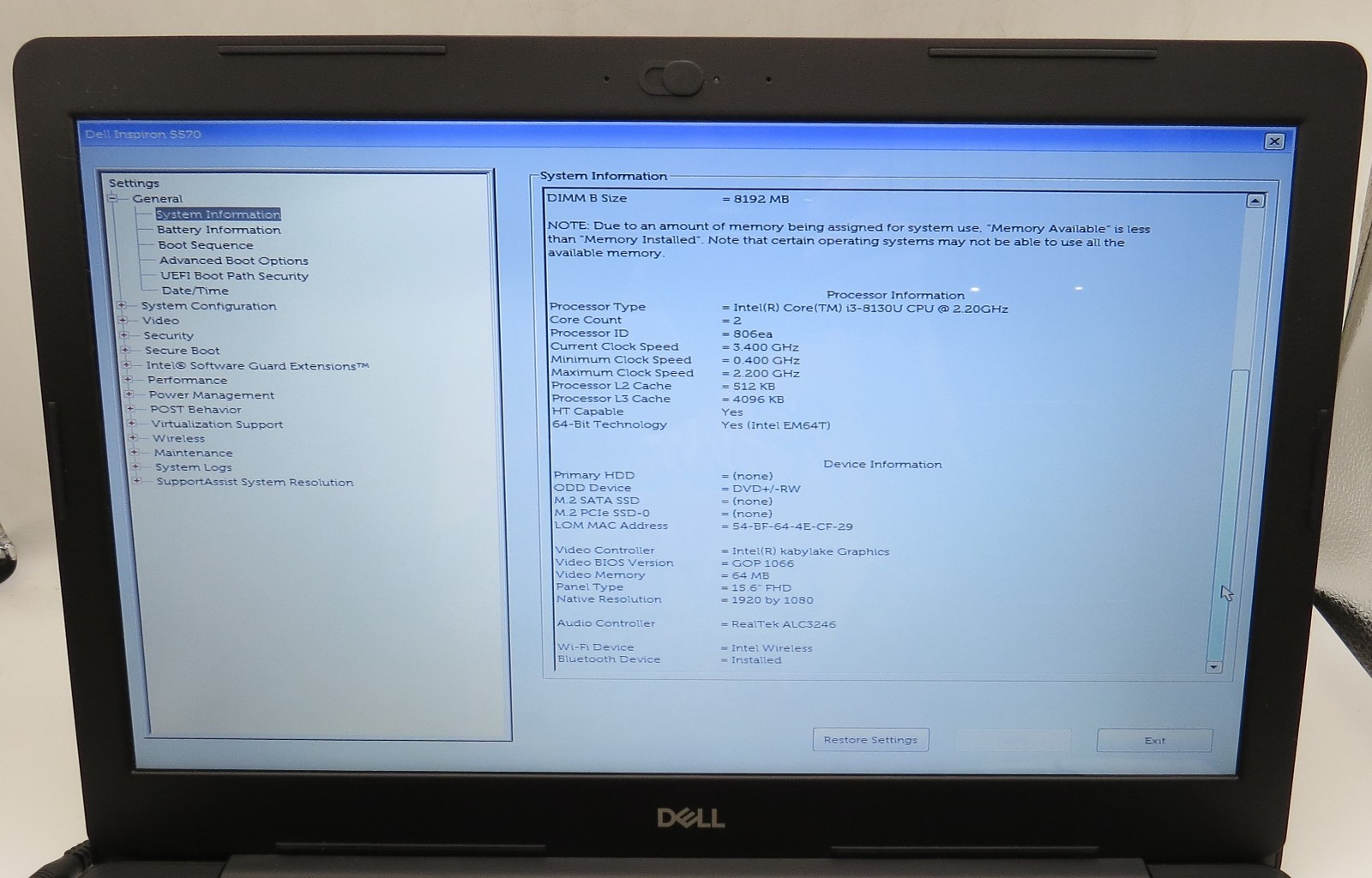 Dell Inspiron 15 5000-15.6″-i3-8130U@2.2GHz-12GB RAM-NO STRG-NO OS *READ*